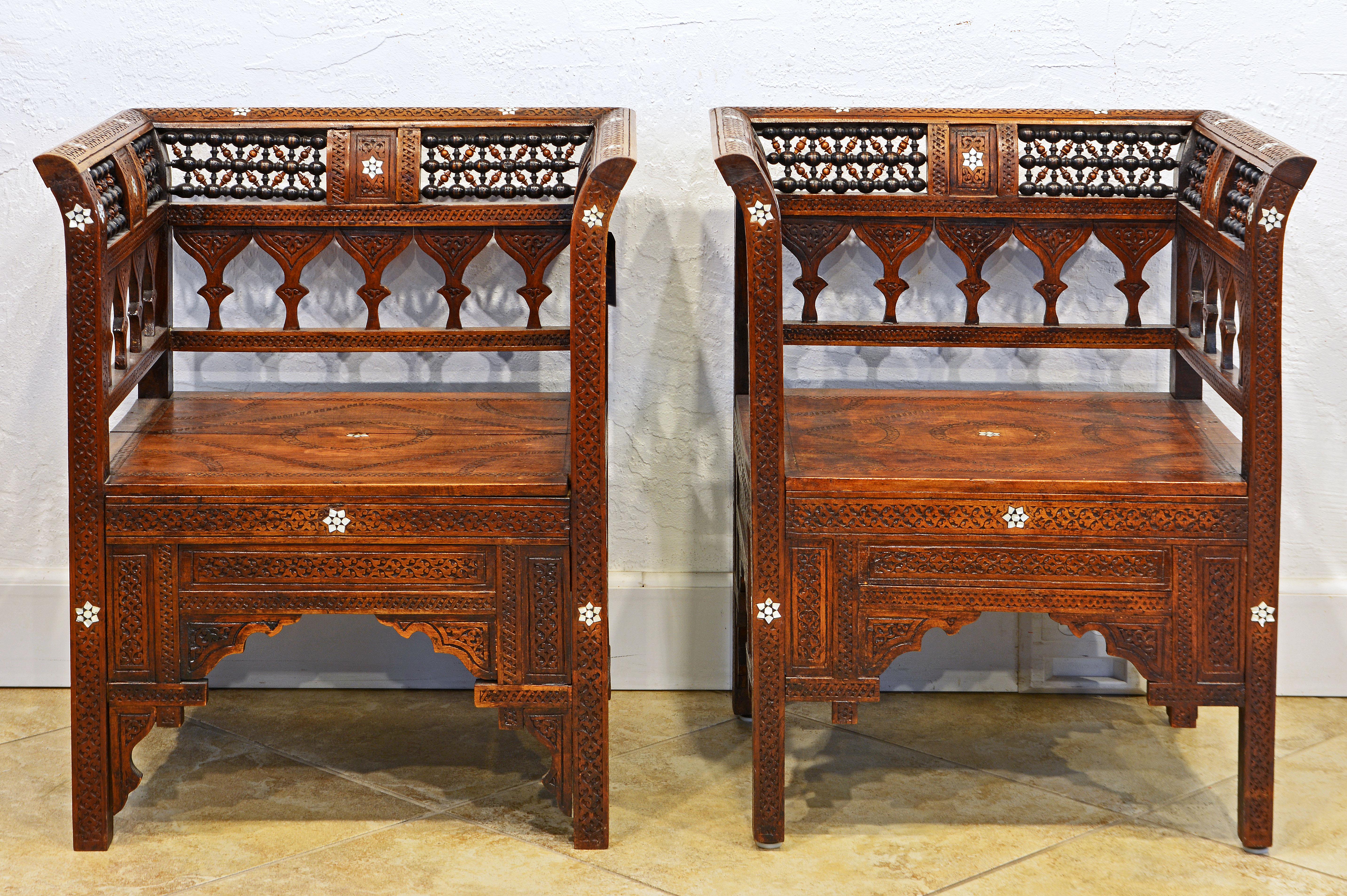 Moroccan Set of Two Armchairs and Settee with Inlay and Openwork, Early 20th C 3