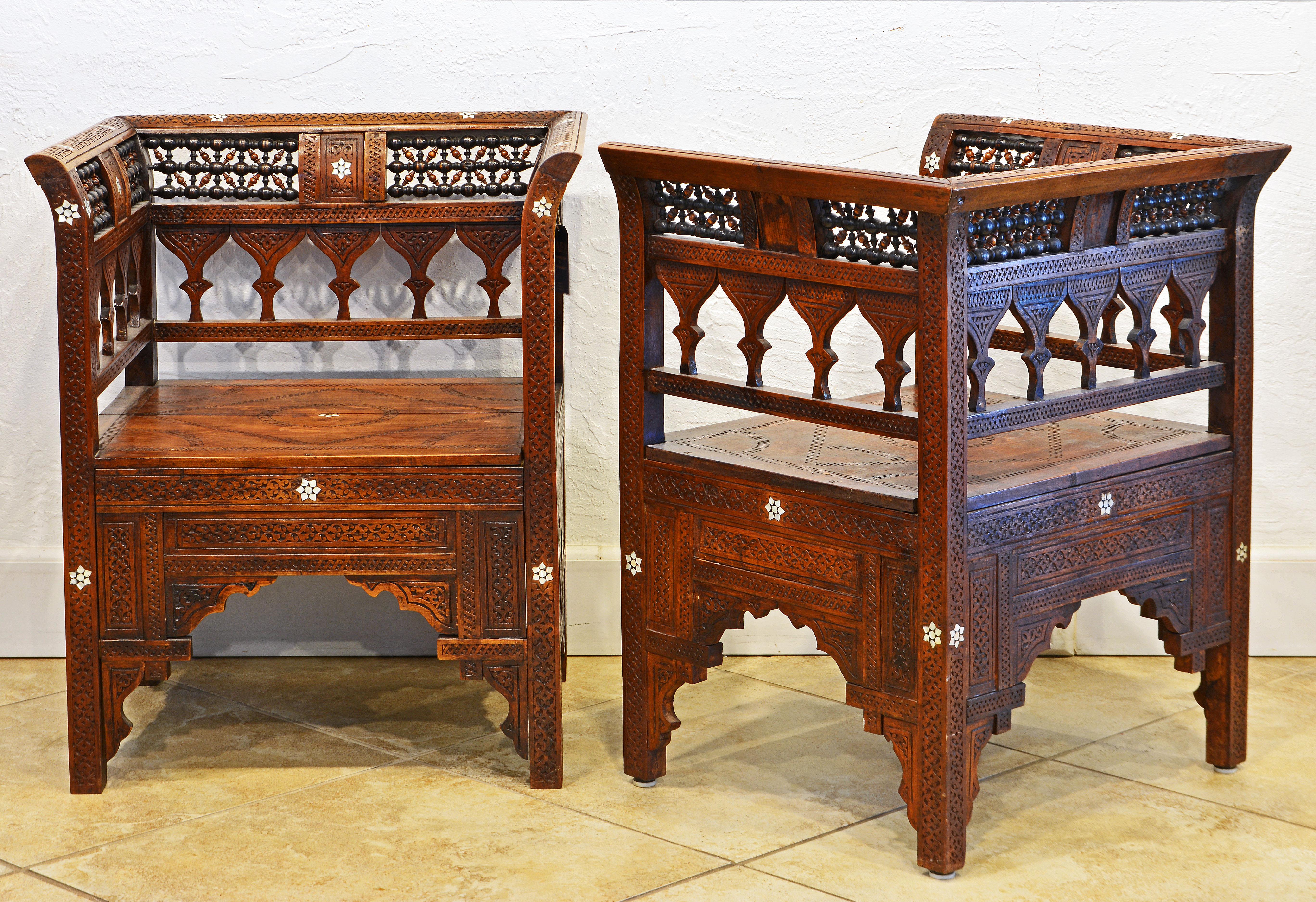Moroccan Set of Two Armchairs and Settee with Inlay and Openwork, Early 20th C 4