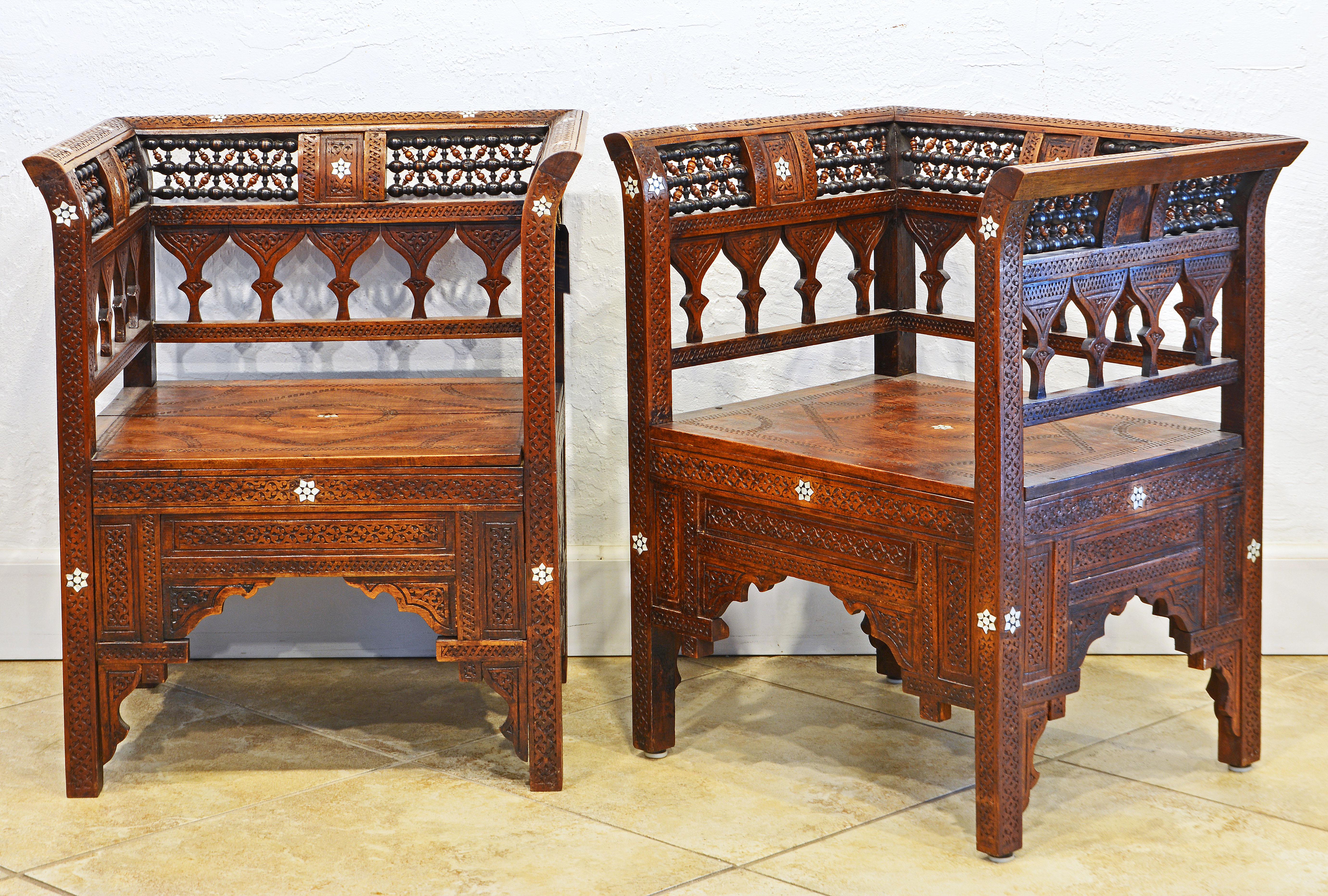Moroccan Set of Two Armchairs and Settee with Inlay and Openwork, Early 20th C 5