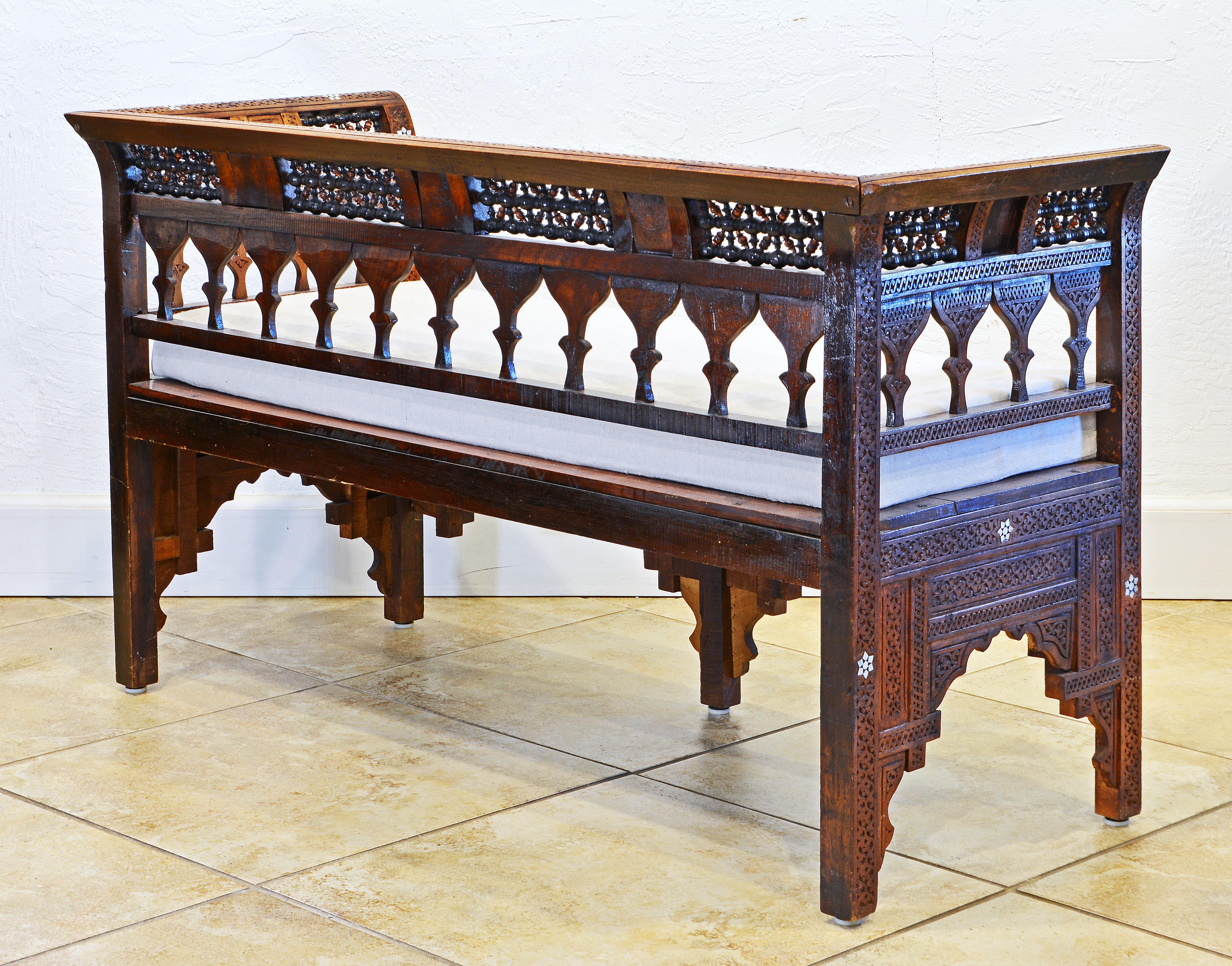 Hand-Carved Moroccan Set of Two Armchairs and Settee with Inlay and Openwork, Early 20th C