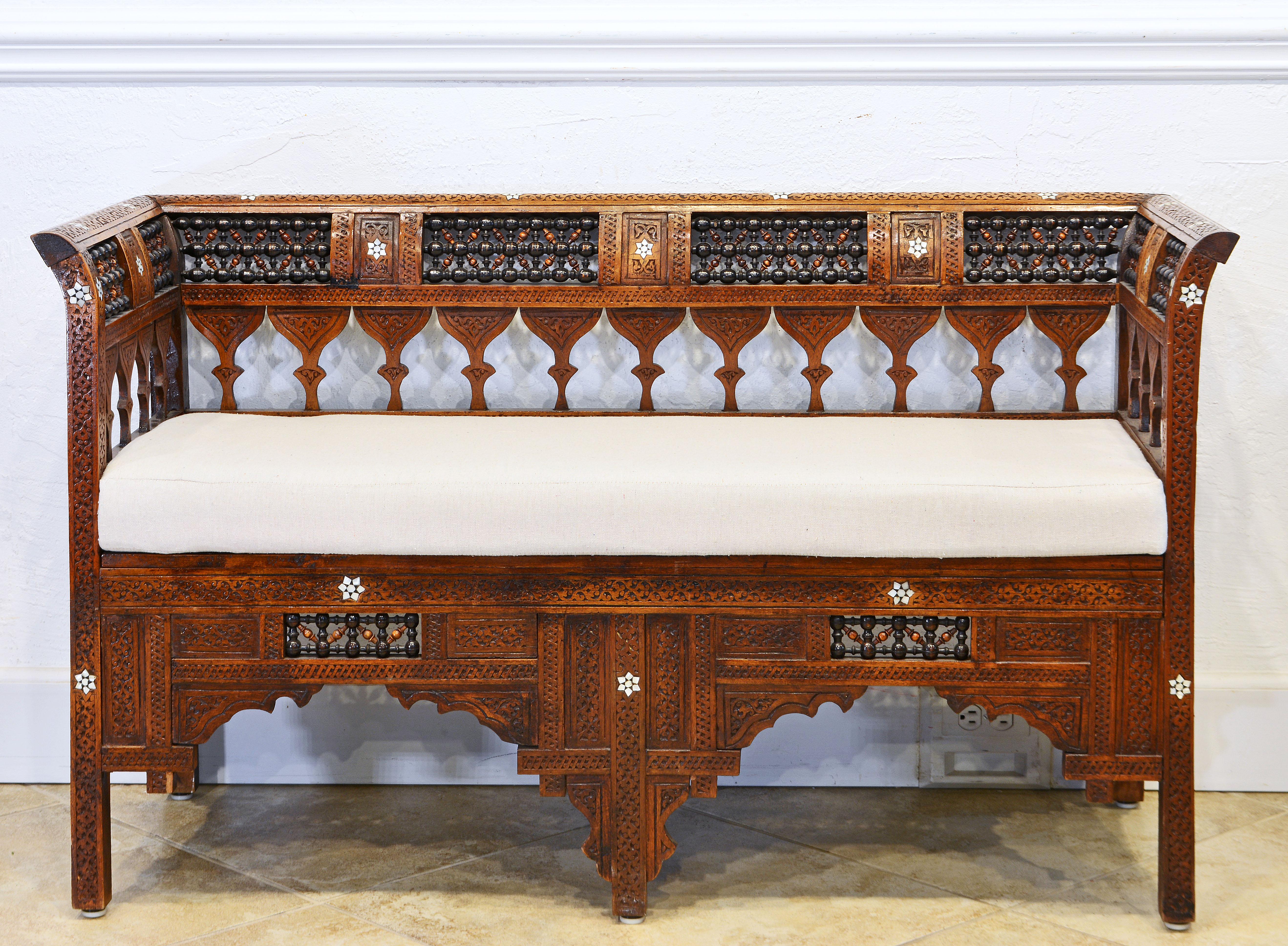 Moroccan Set of Two Armchairs and Settee with Inlay and Openwork, Early 20th C In Good Condition In Ft. Lauderdale, FL