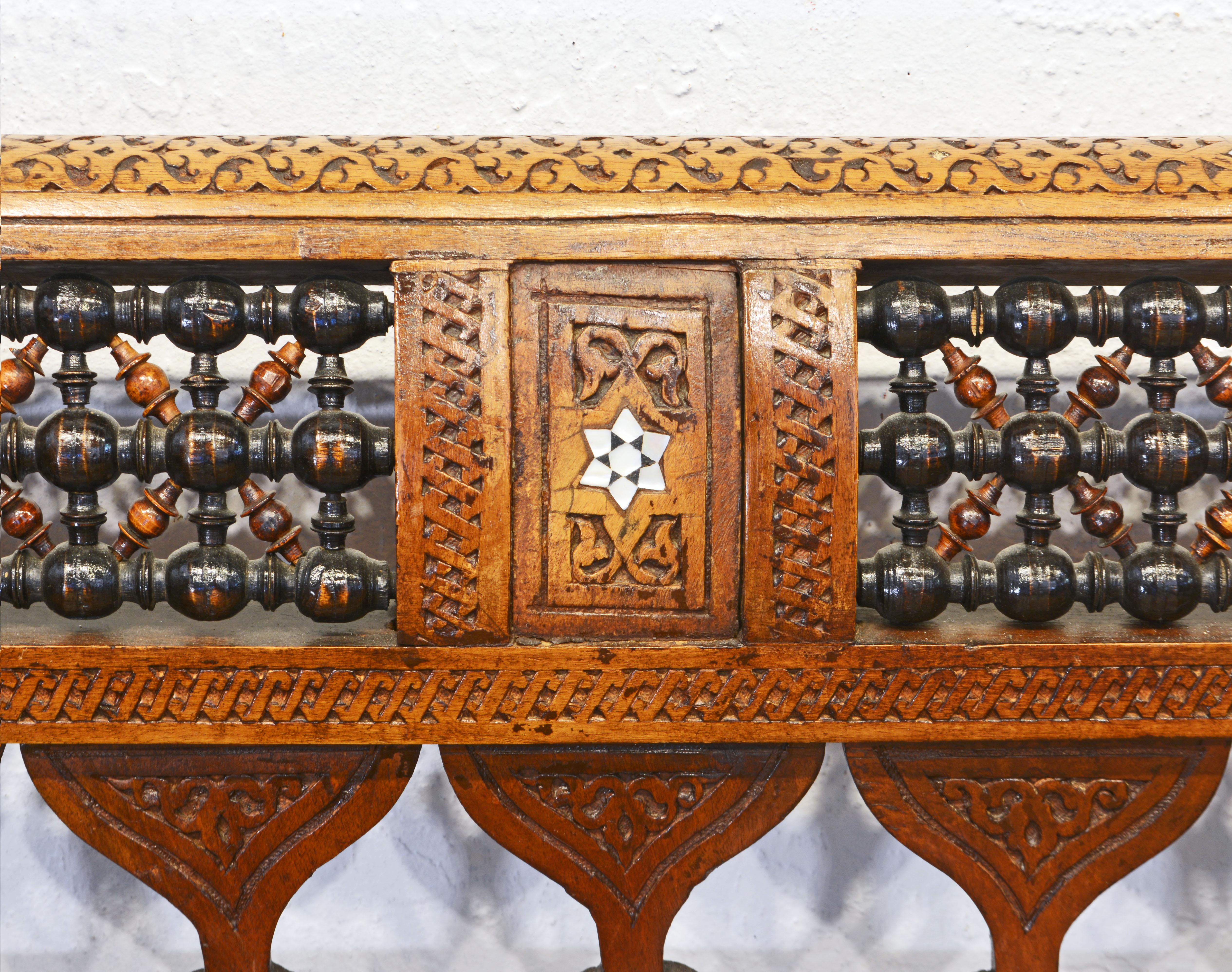 Moroccan Set of Two Armchairs and Settee with Inlay and Openwork, Early 20th C 2