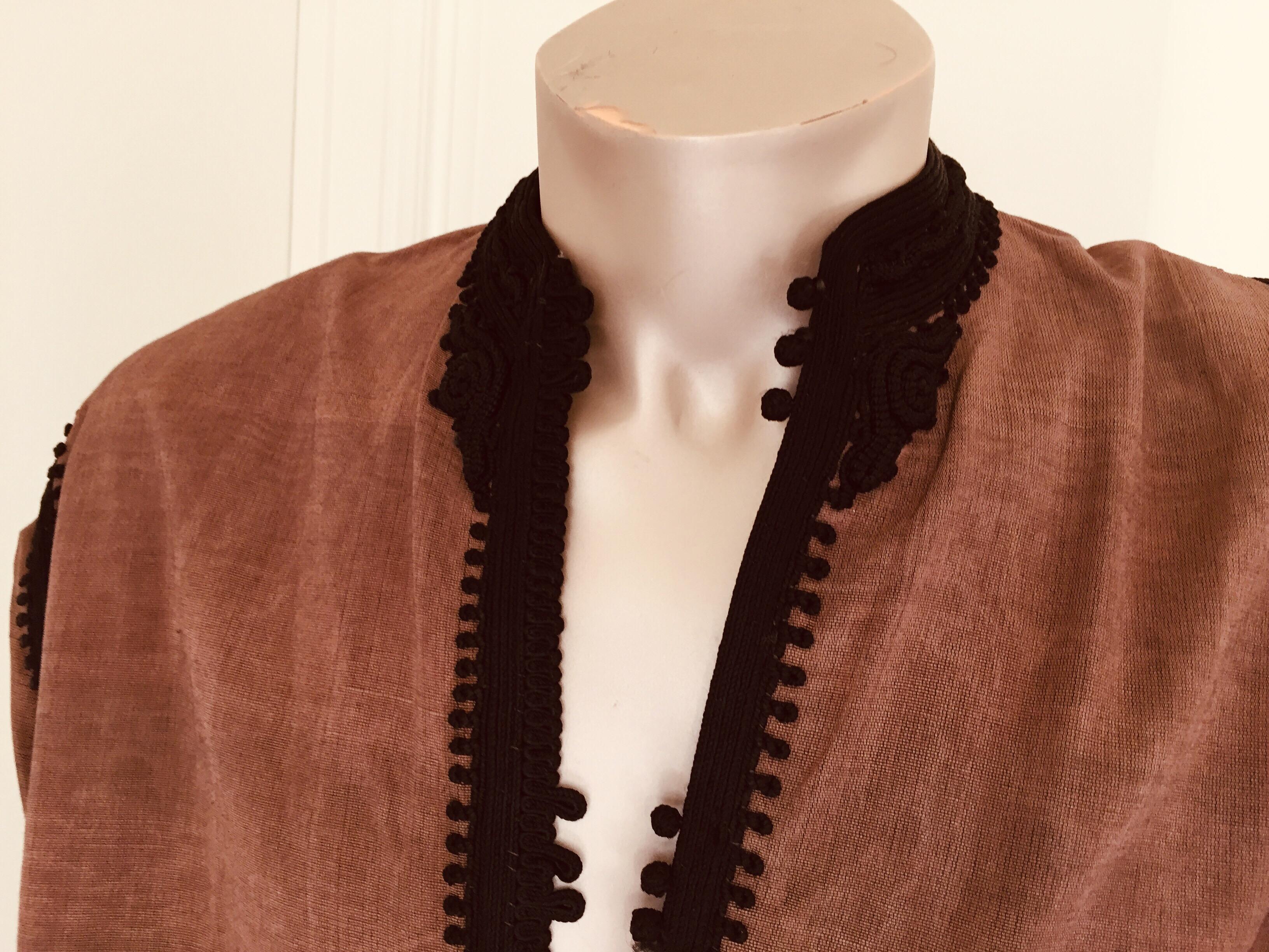 Hand-Crafted Moroccan Short Vest Brown and Black Embroideries Caftan