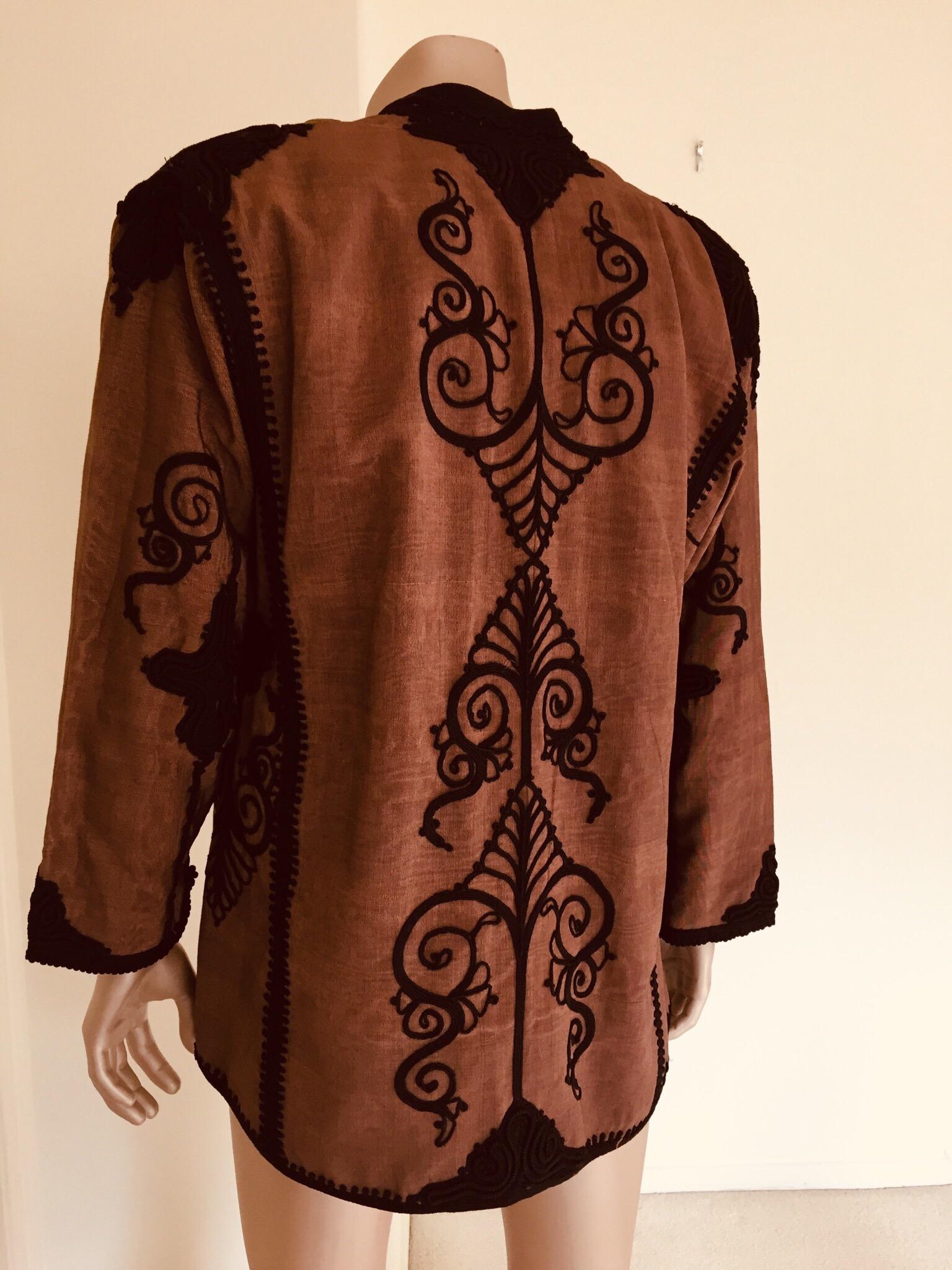 Fabric Moroccan Short Vest Brown and Black Embroideries Caftan