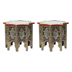 Moroccan Side or End Tables Hand Printed with Brass Inlay in Black, a Pair