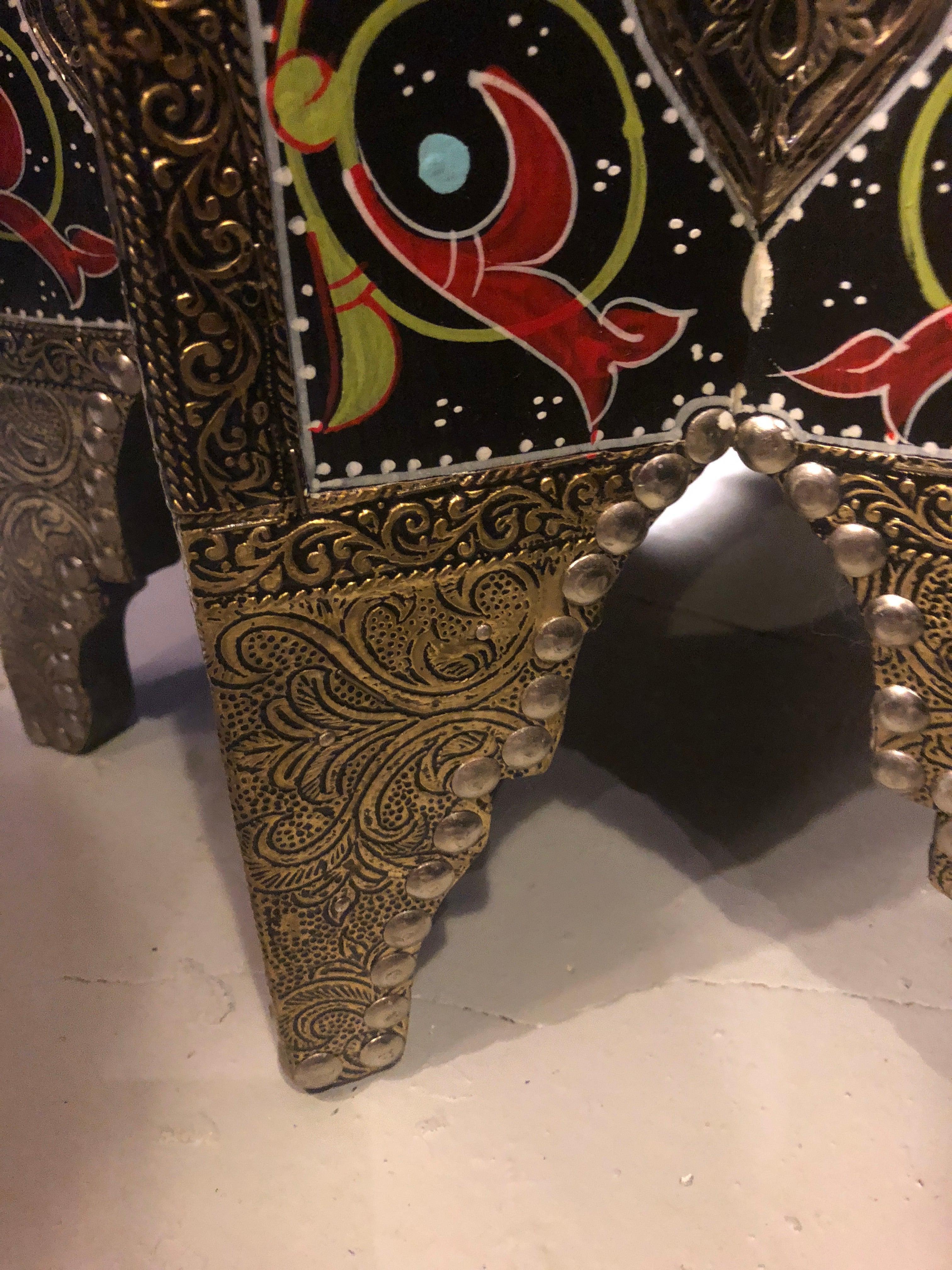 Moroccan Side or End Tables Hand Printed with Brass Inlay in Black, a Pair 1