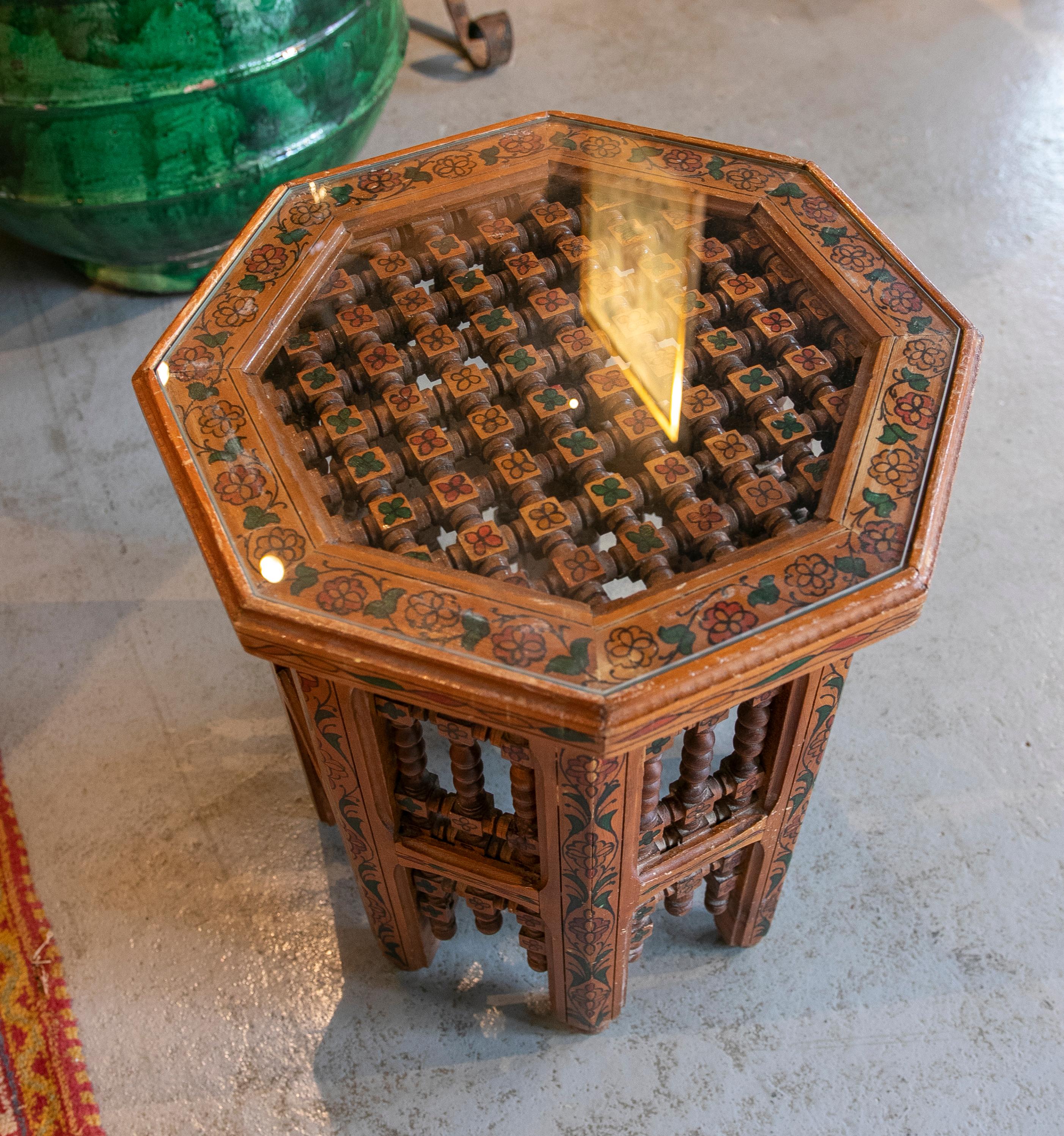 Moroccan Side Table in Carved and Hand Painted Wood 9