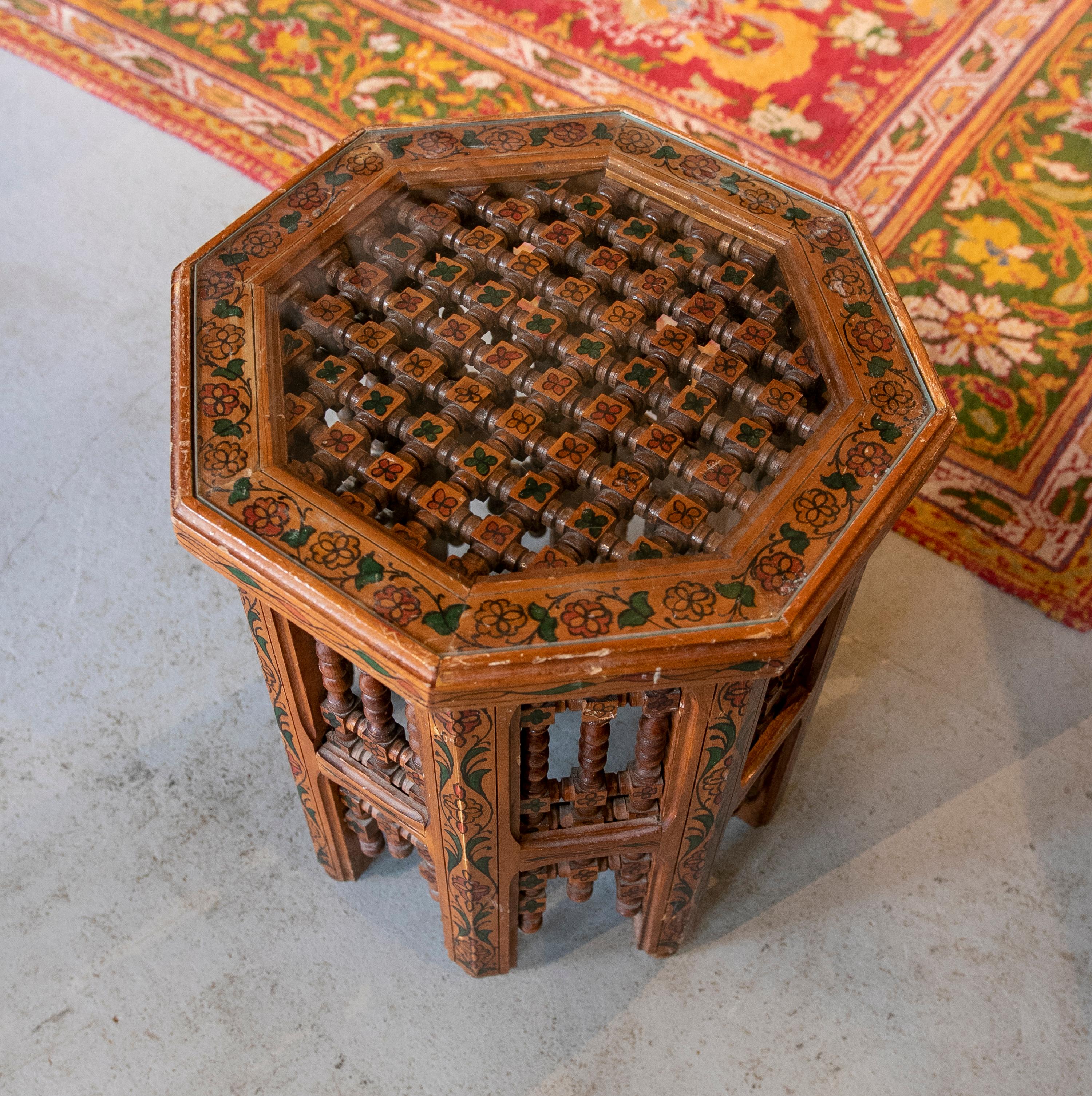 Moroccan Side Table in Carved and Hand Painted Wood 10