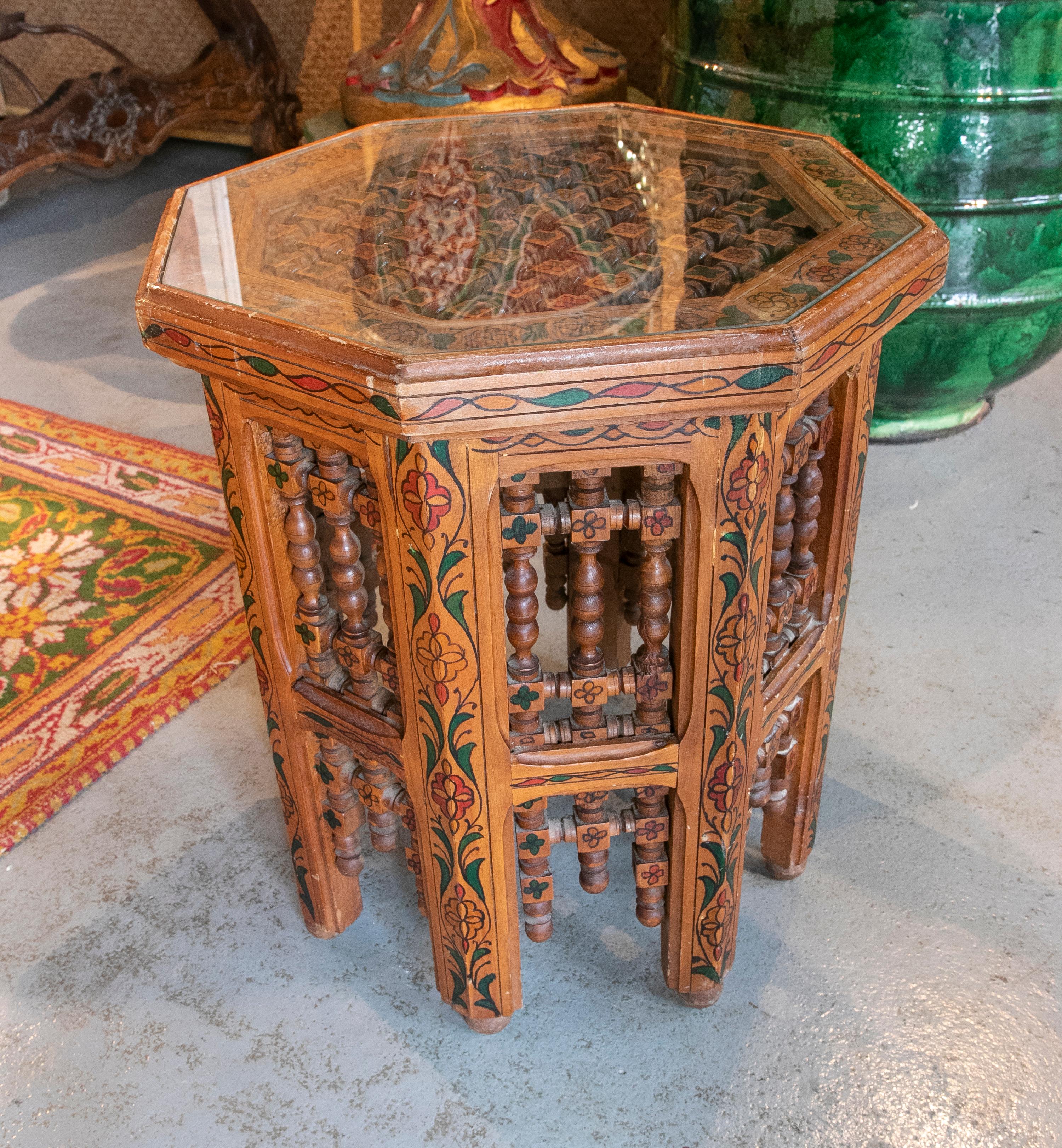 Glass Moroccan Side Table in Carved and Hand Painted Wood