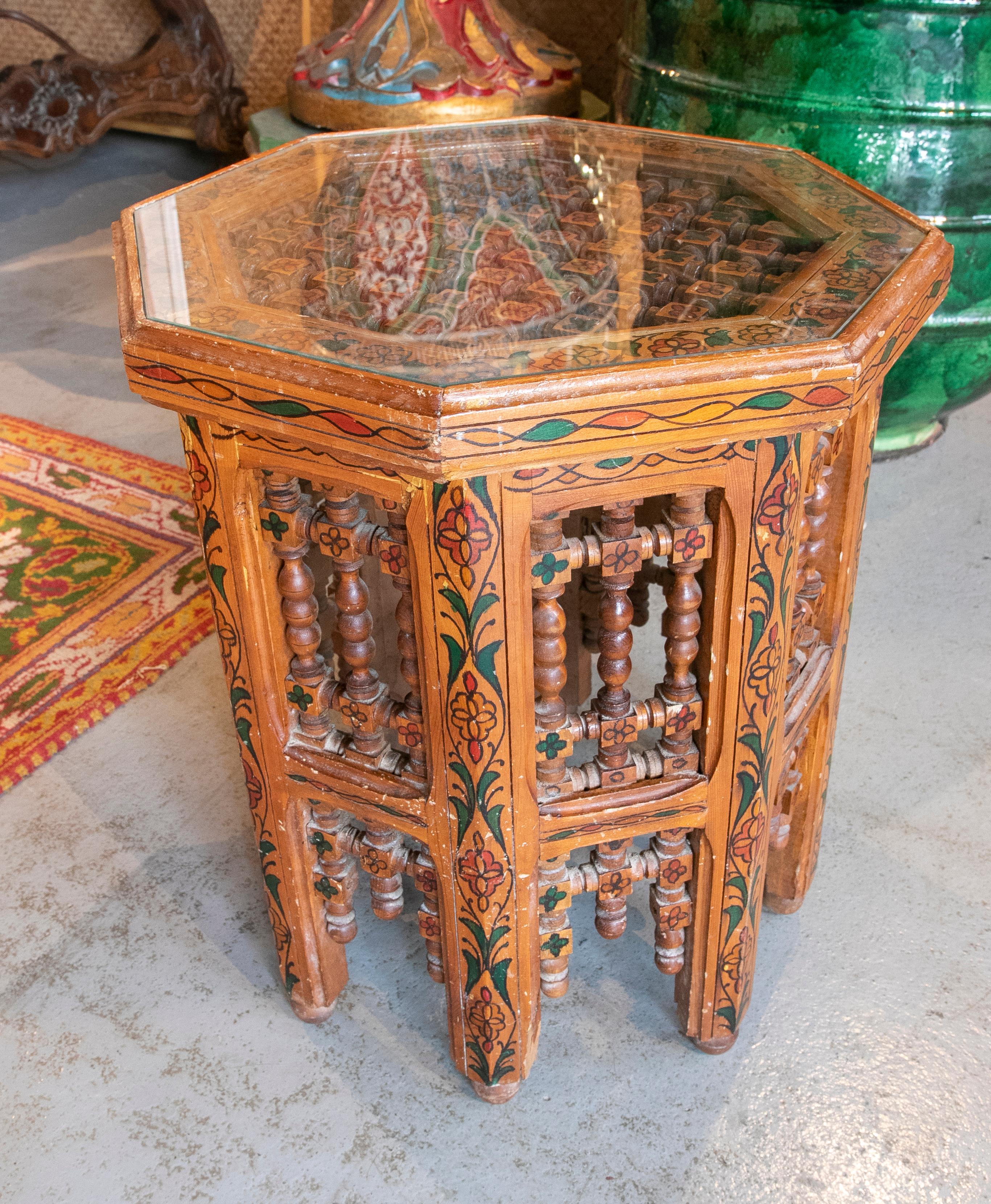 Moroccan Side Table in Carved and Hand Painted Wood 1