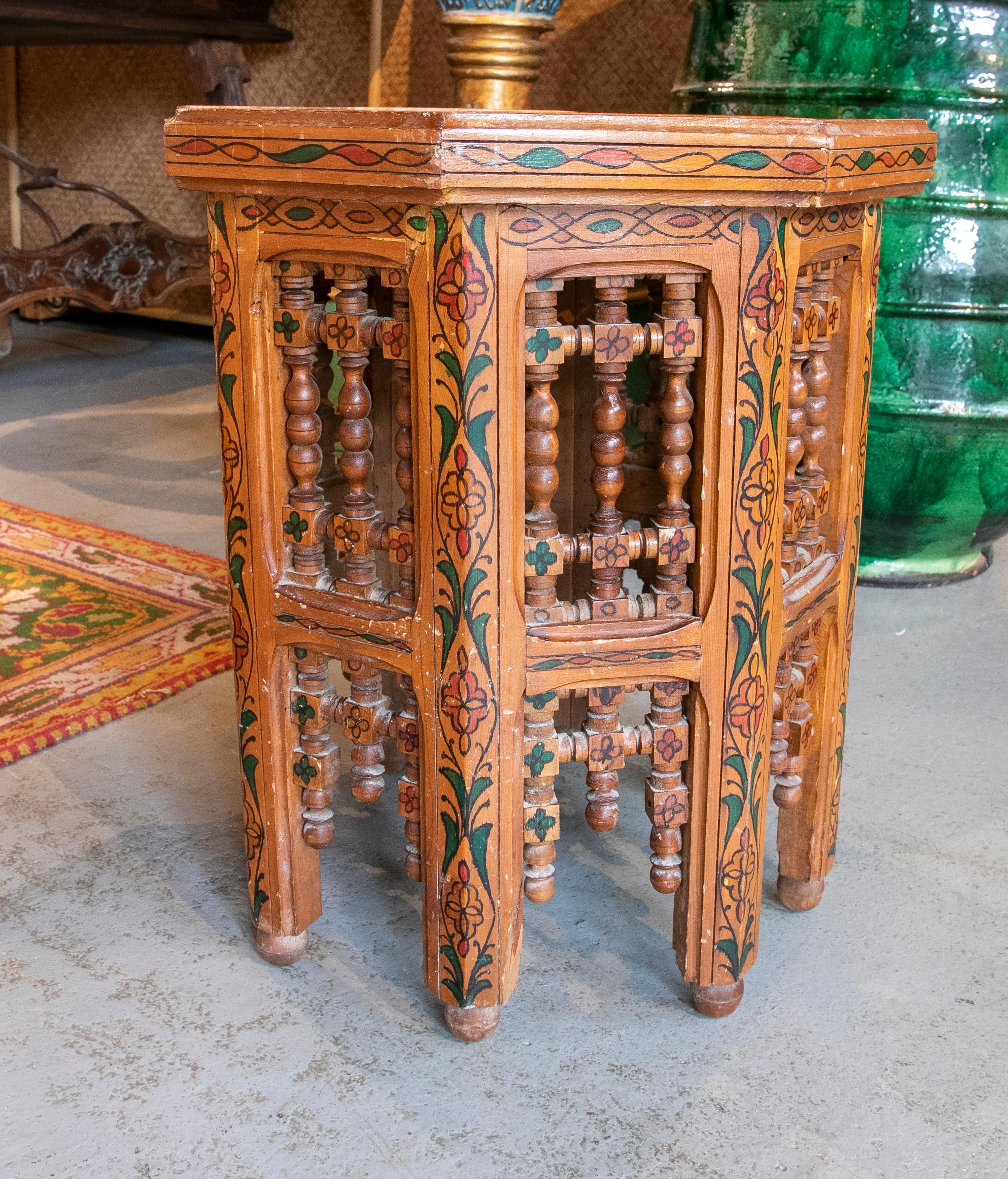 Moroccan Side Table in Carved and Hand Painted Wood 2