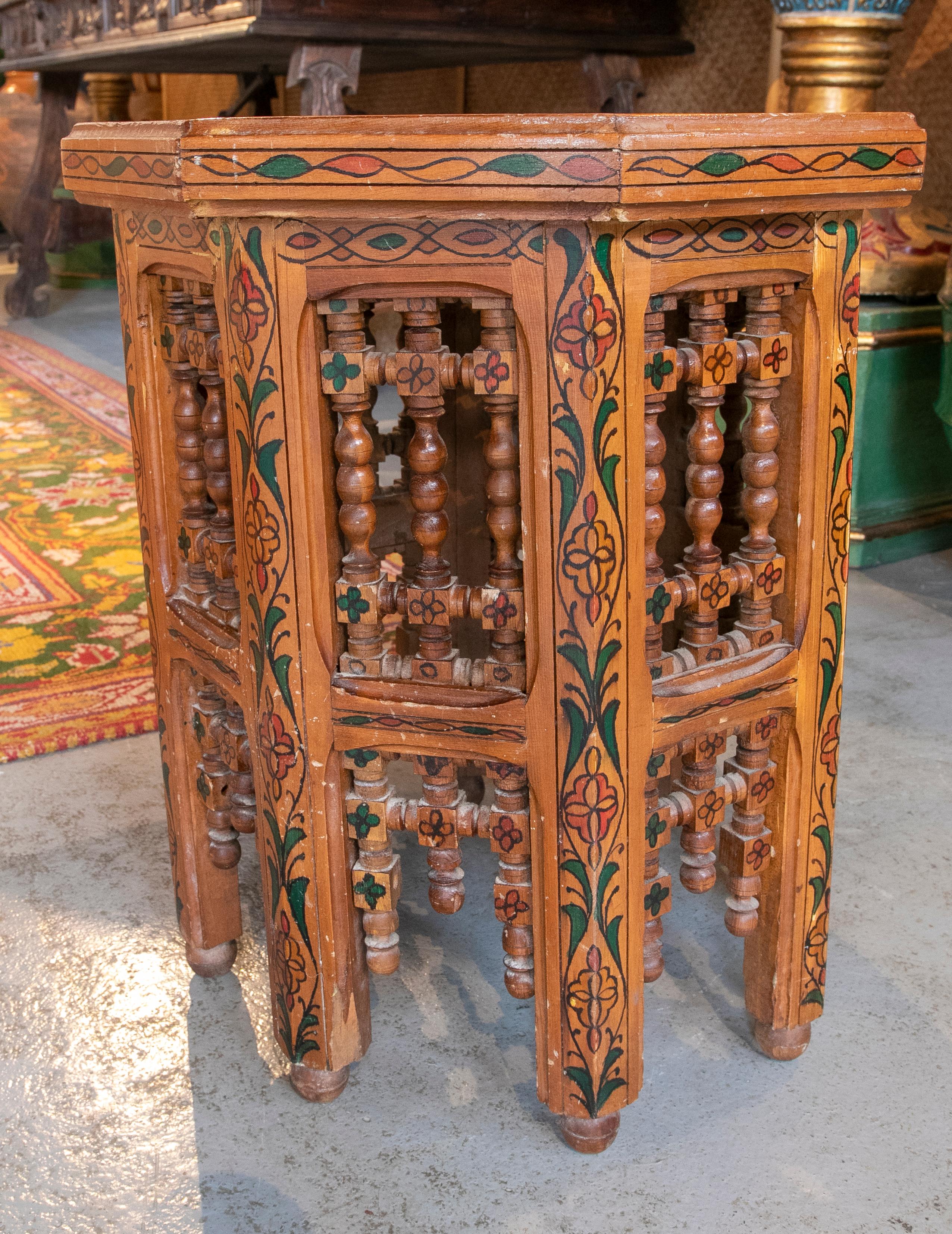 Moroccan Side Table in Carved and Hand Painted Wood 3
