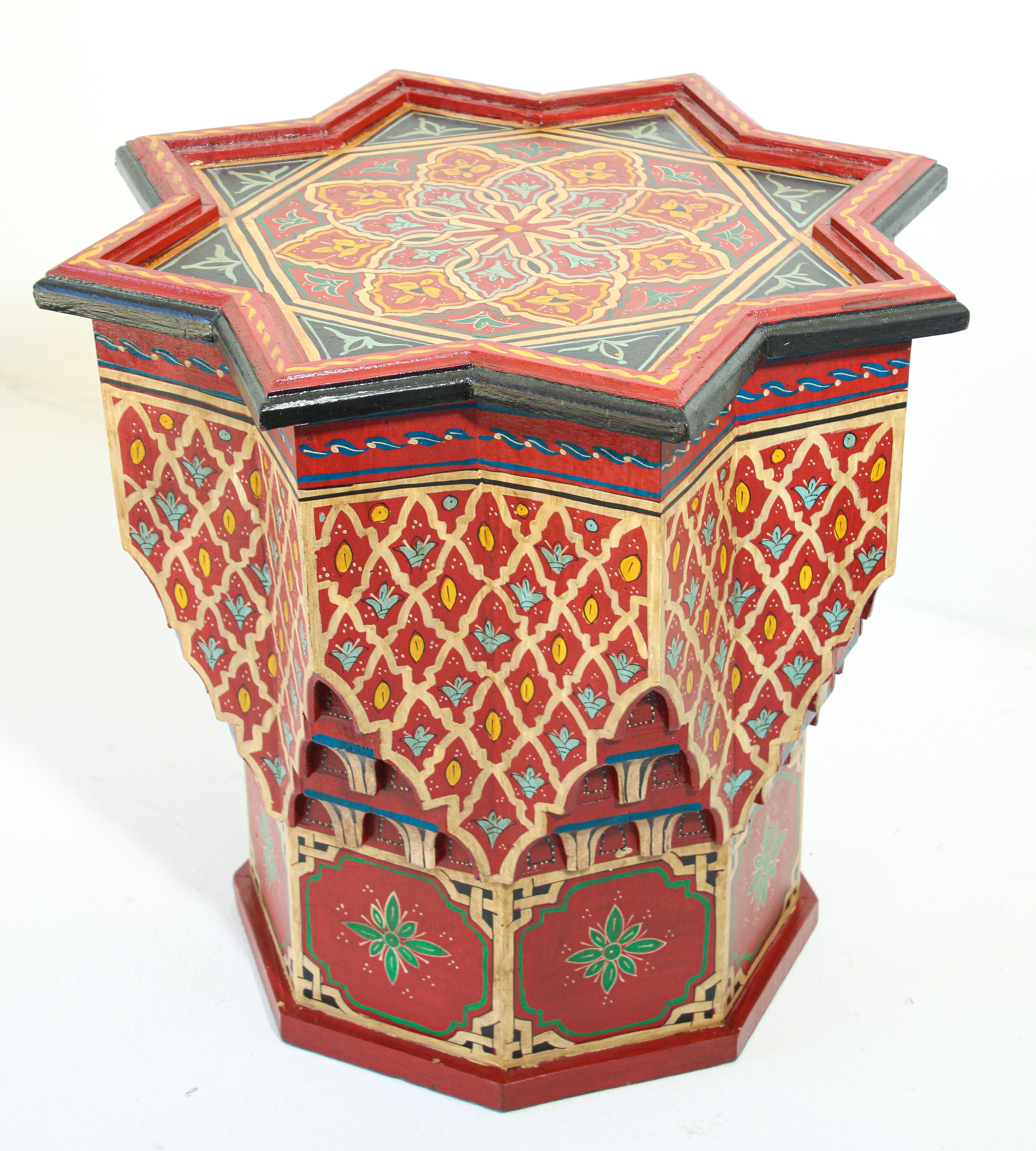 Moroccan Side Table Hand Painted with Red Moorish Design For Sale 6