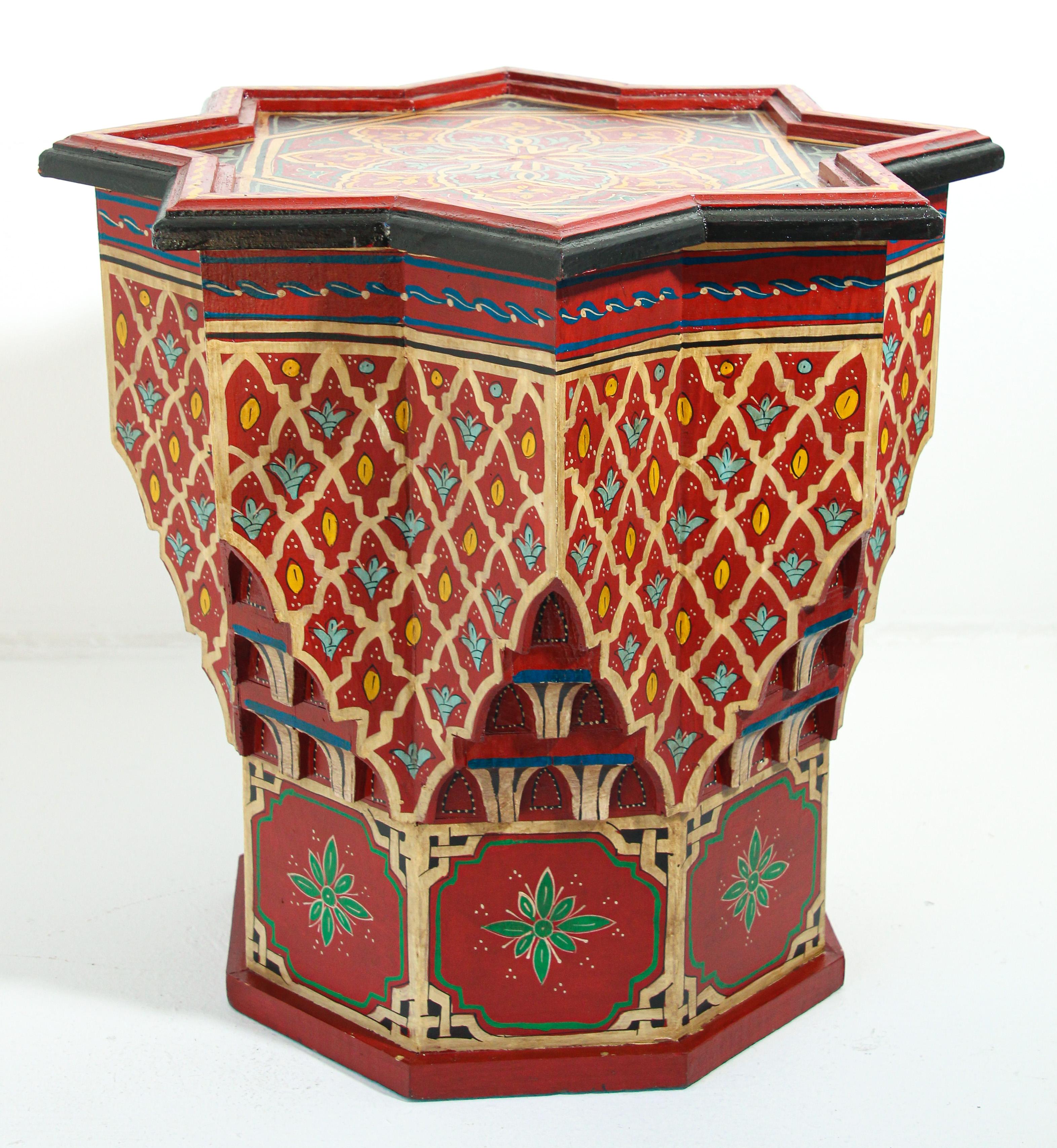 Hand-Painted Moroccan Side Table Hand Painted with Red Moorish Design For Sale