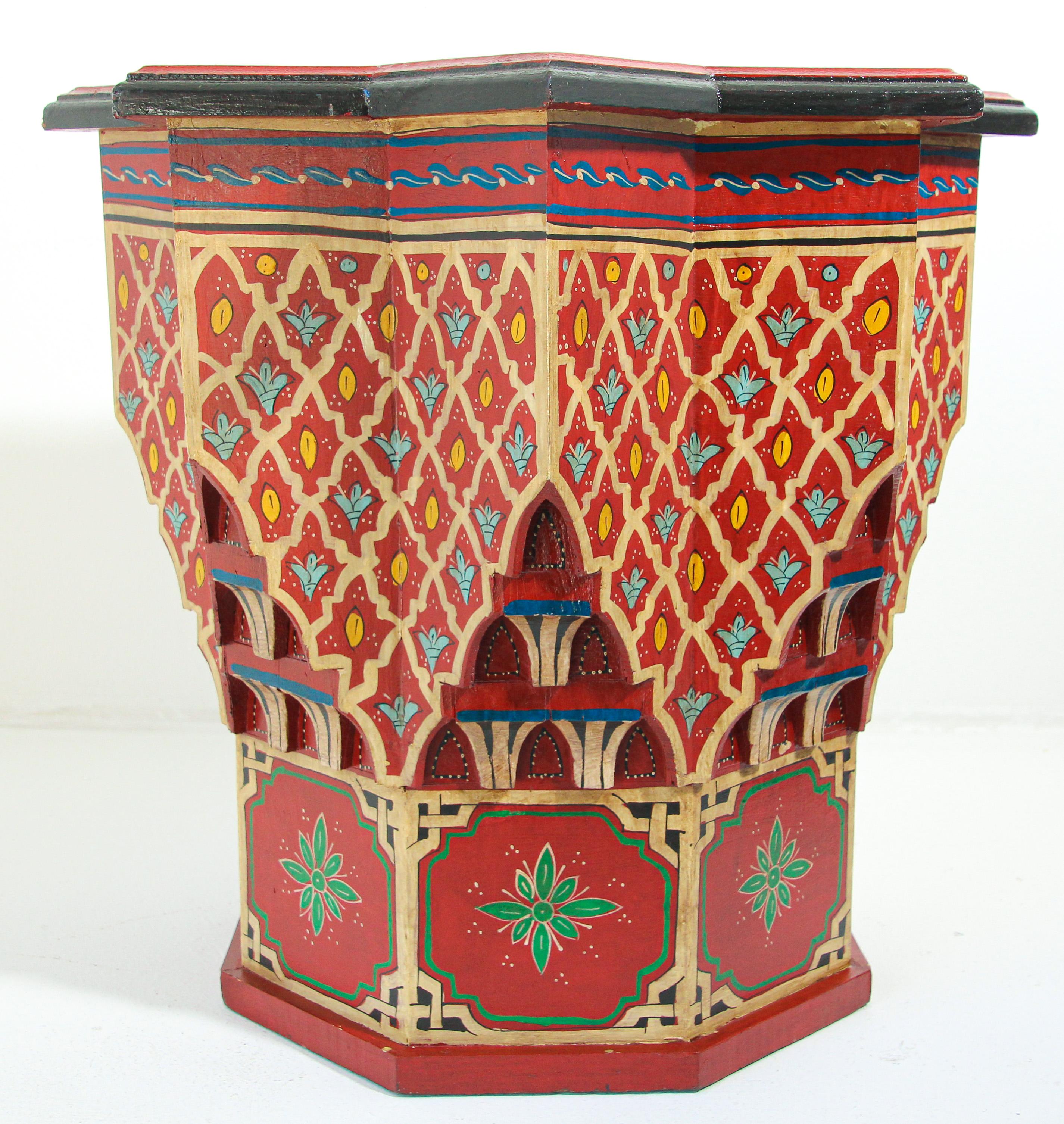 Moroccan Side Table Hand Painted with Red Moorish Design For Sale 1