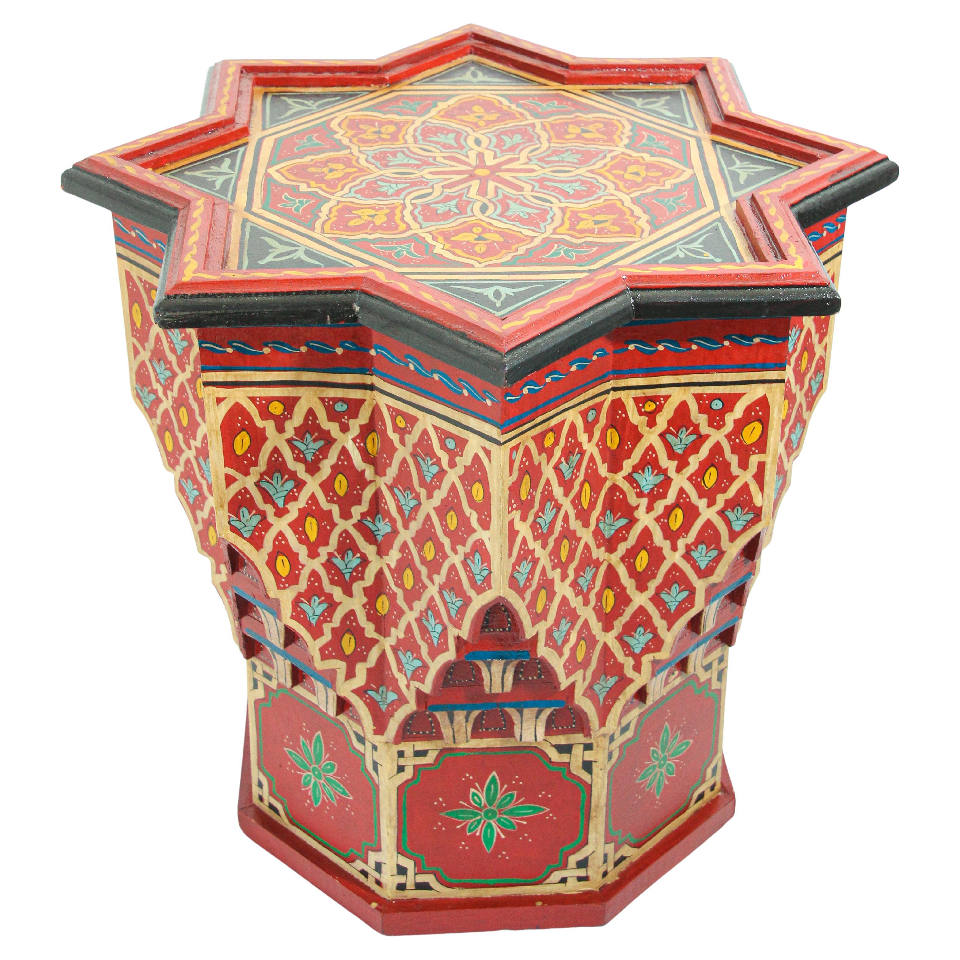 Moroccan Side Table Hand Painted with Red Moorish Design For Sale