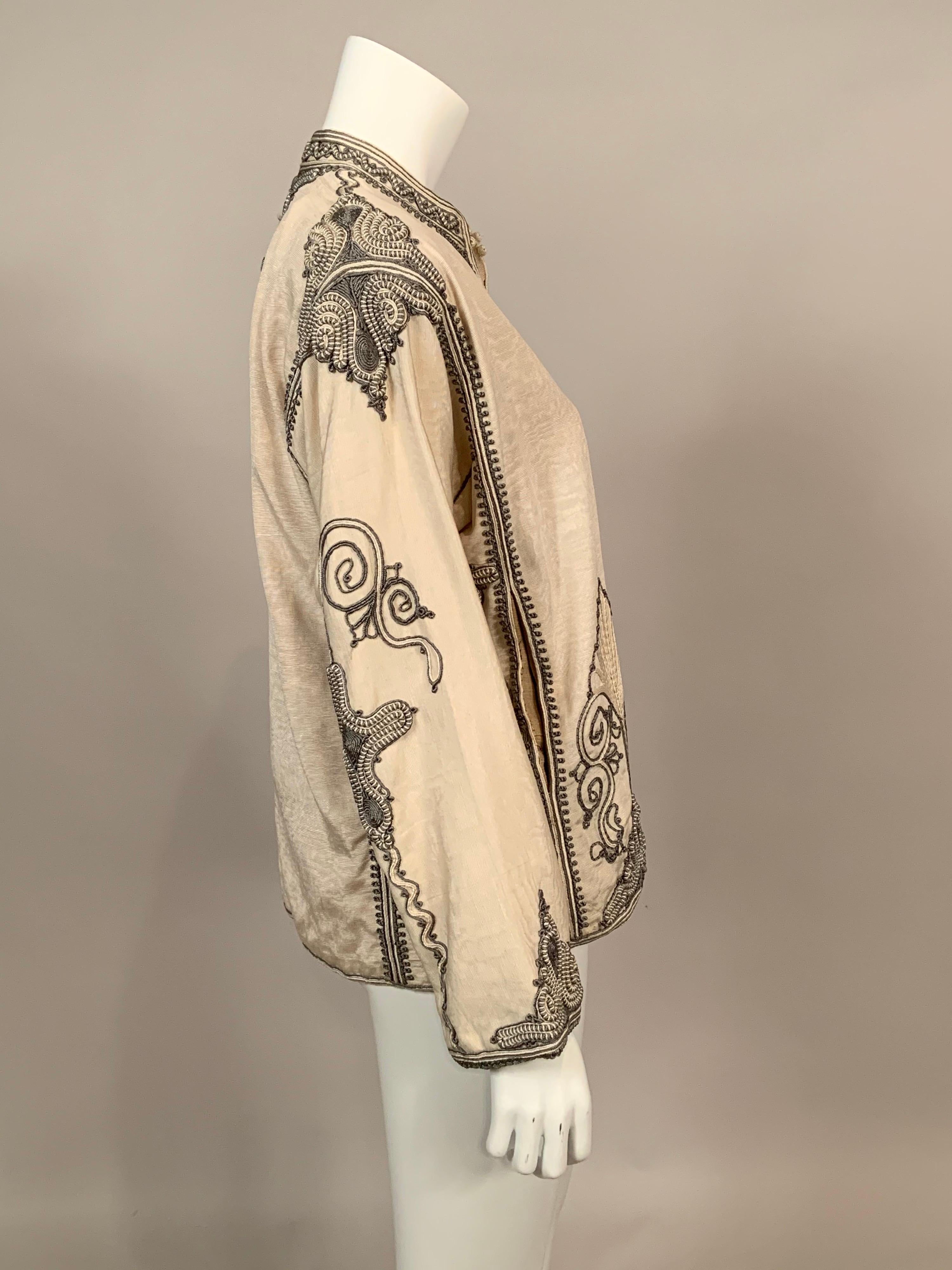 Beige Moroccan Silk Jacket with Hand Sewn Charcoal Grey and Cream Soutache Braid Trim 