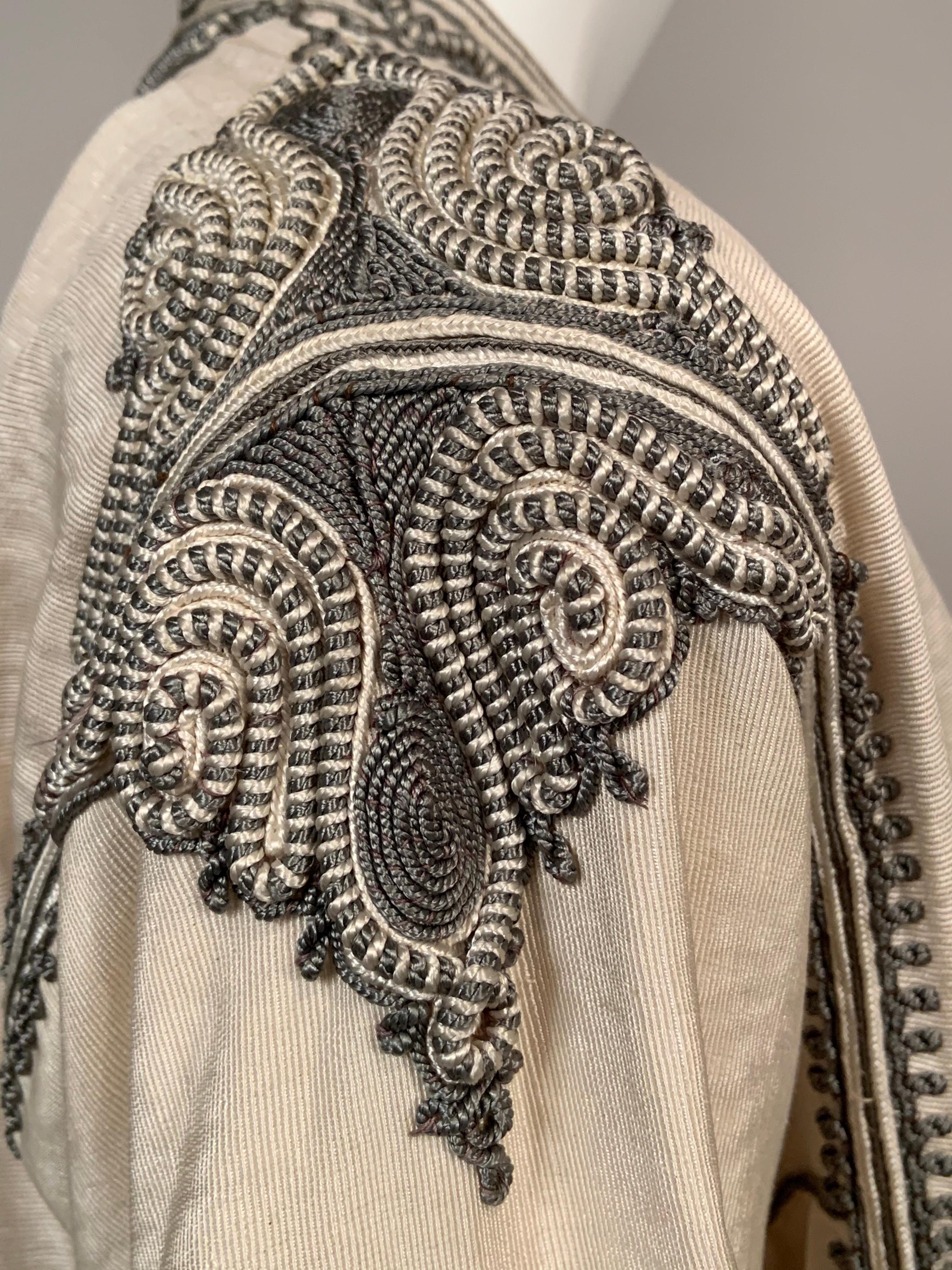 Moroccan Silk Jacket with Hand Sewn Charcoal Grey and Cream Soutache Braid Trim  In Excellent Condition In New Hope, PA