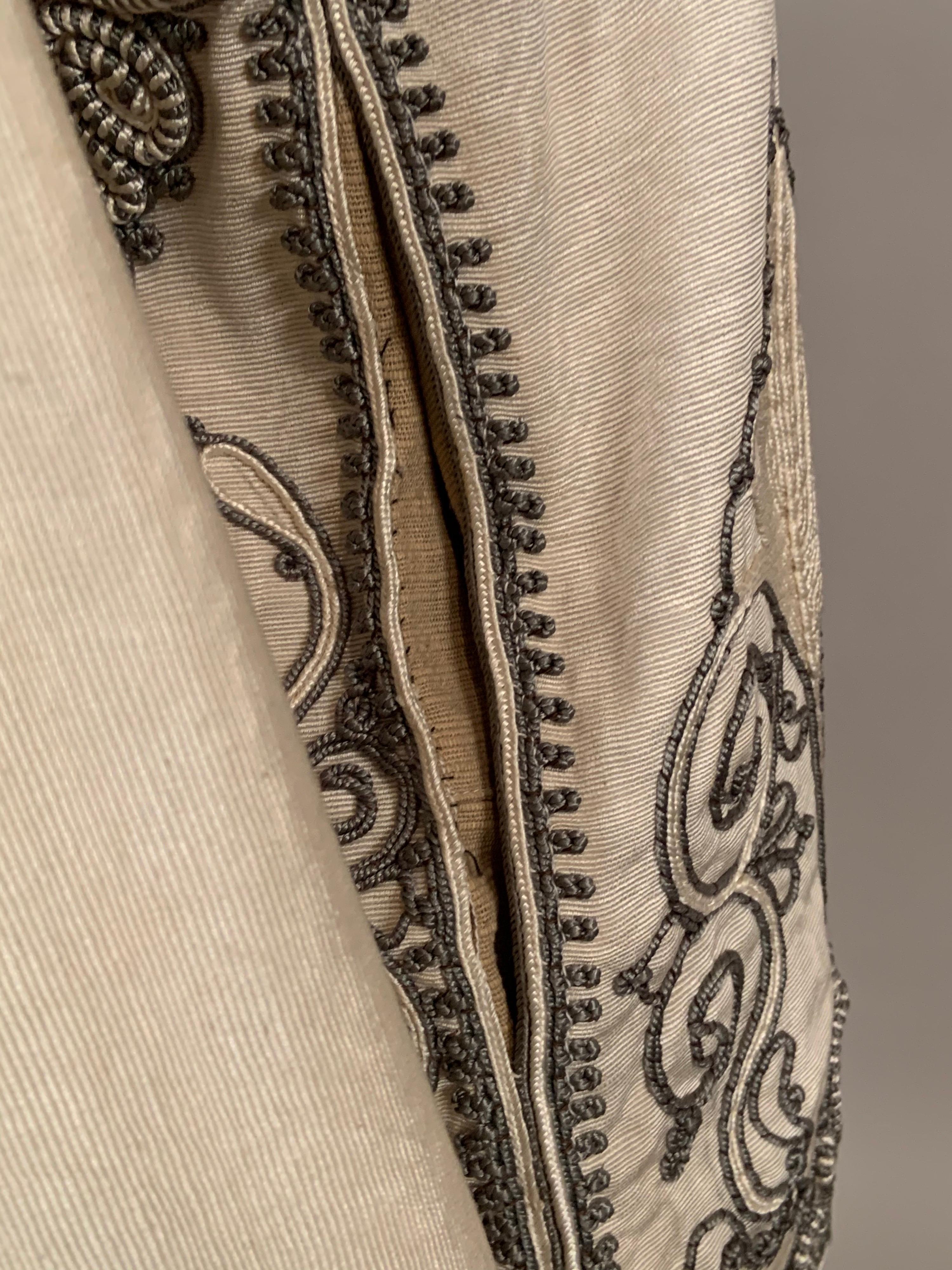 Women's or Men's Moroccan Silk Jacket with Hand Sewn Charcoal Grey and Cream Soutache Braid Trim 