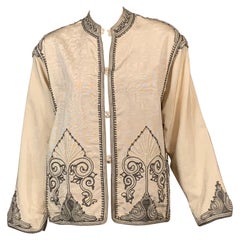 Moroccan Silk Jacket with Hand Sewn Charcoal Grey and Cream Soutache Braid Trim 