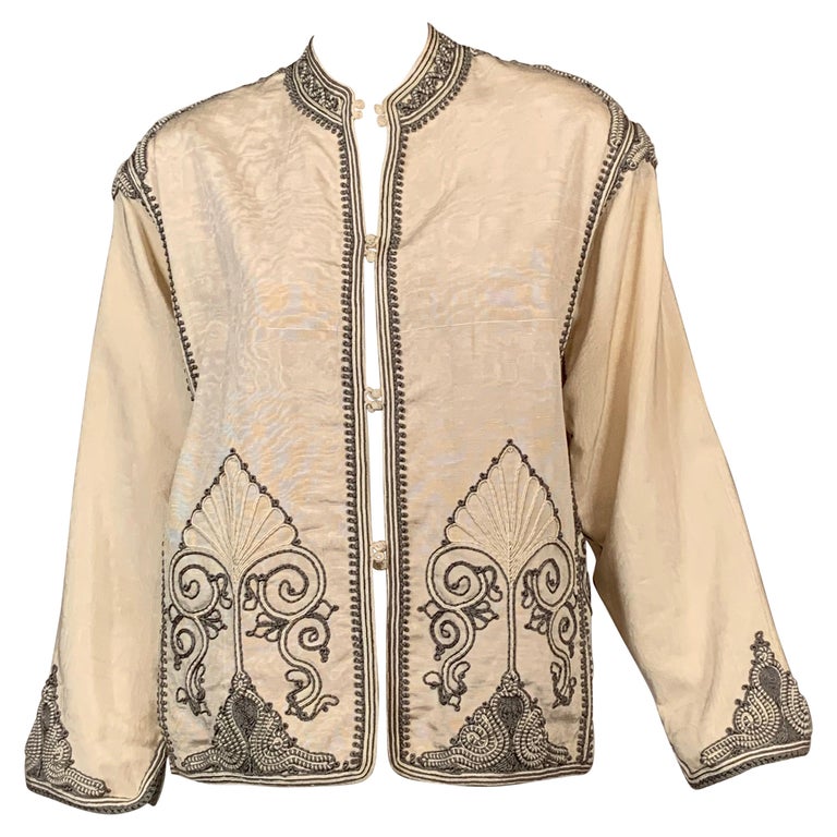 Moroccan Silk Jacket with Hand Sewn Charcoal Grey and Cream Soutache Braid  Trim at 1stDibs