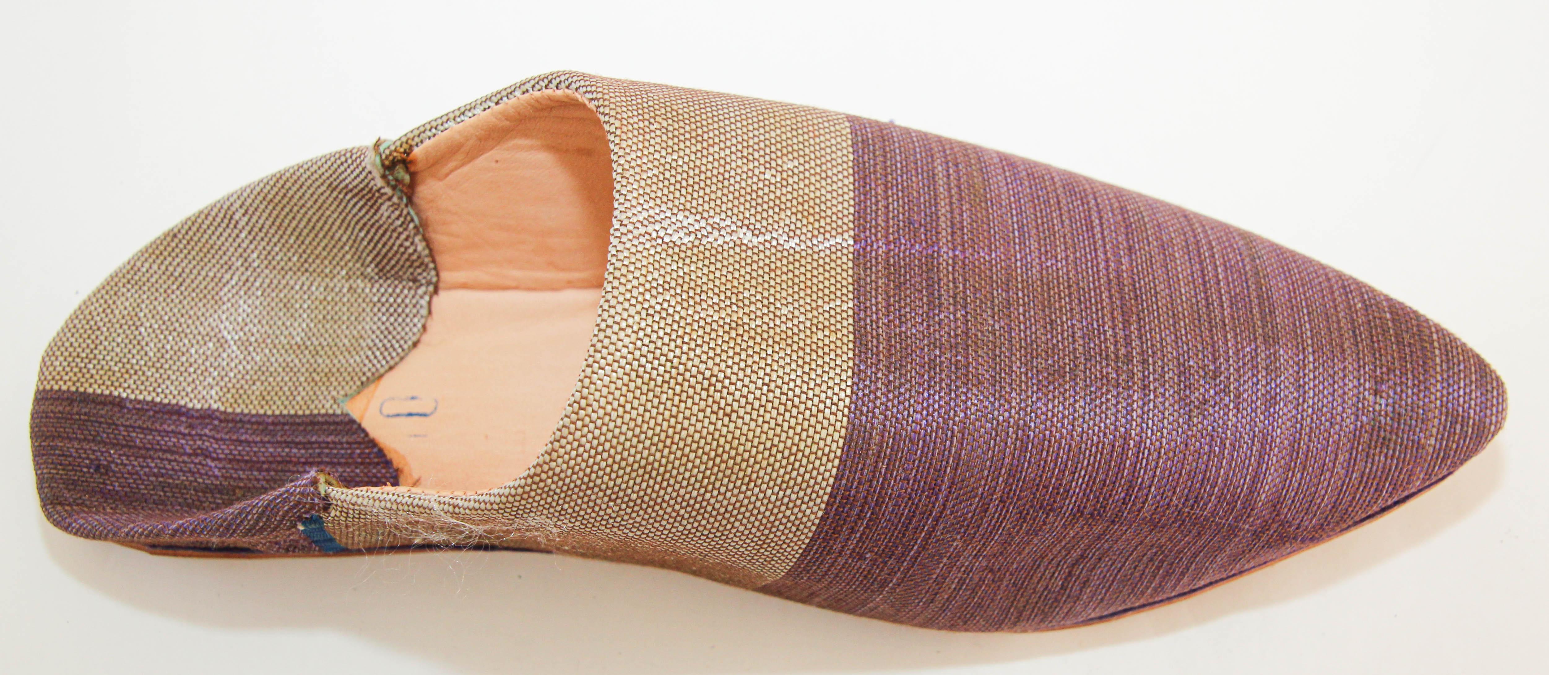 Brown Moroccan Silk Slippers Babouches from Marrakech Pointed Flat Mules Purple For Sale