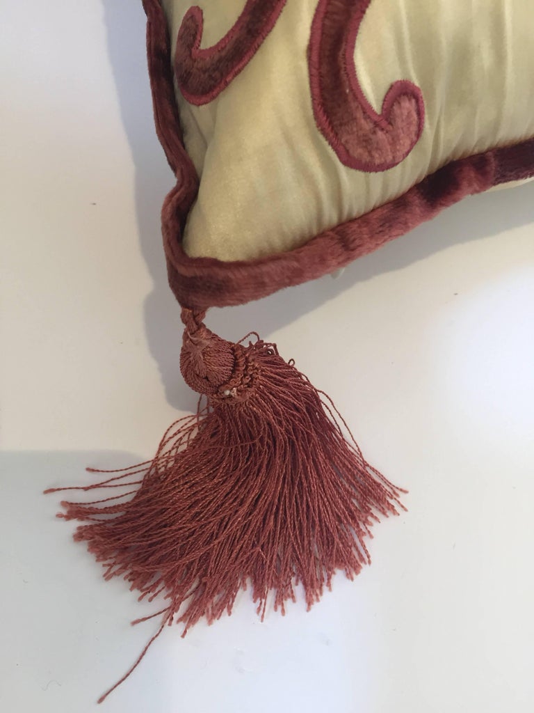 Moroccan Silk Velvet Applique Throw Decorative Pillow with Tassels