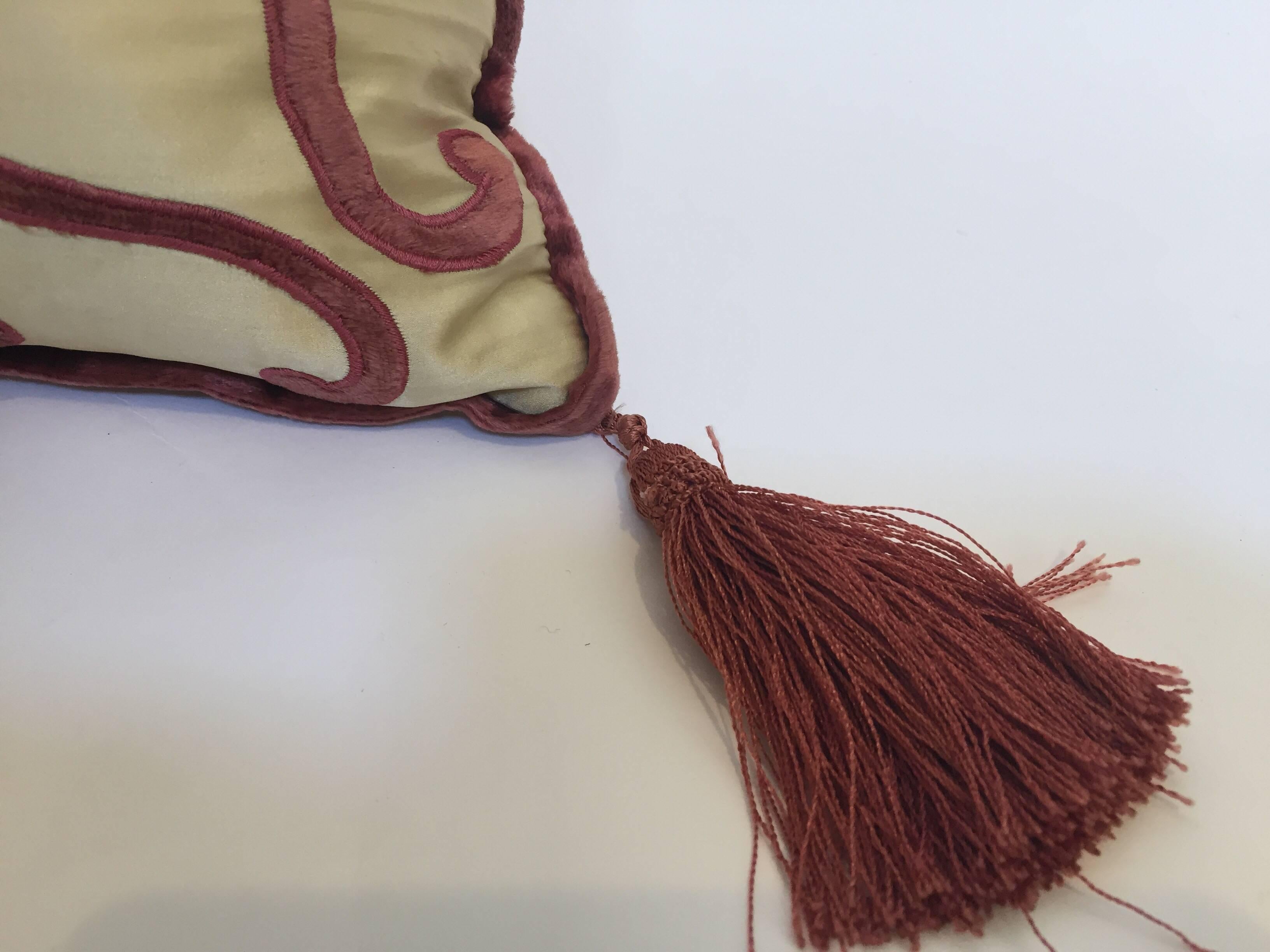 20th Century Moroccan Silk Velvet Applique Throw Decorative Pillow with Tassels Moroccan