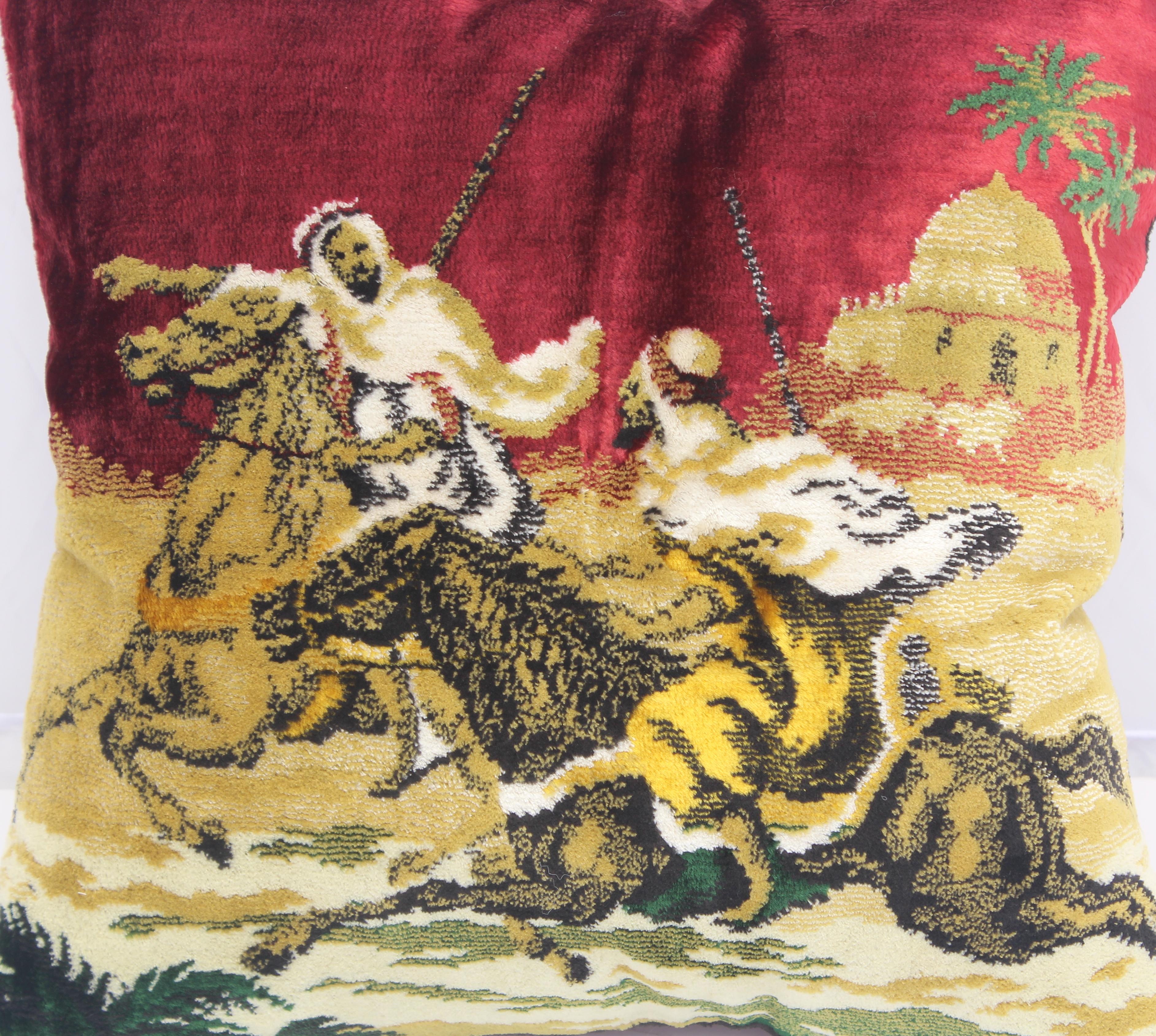 Italian Moorish Silk Velvet Pillows with Arabs on Horse, a Pair