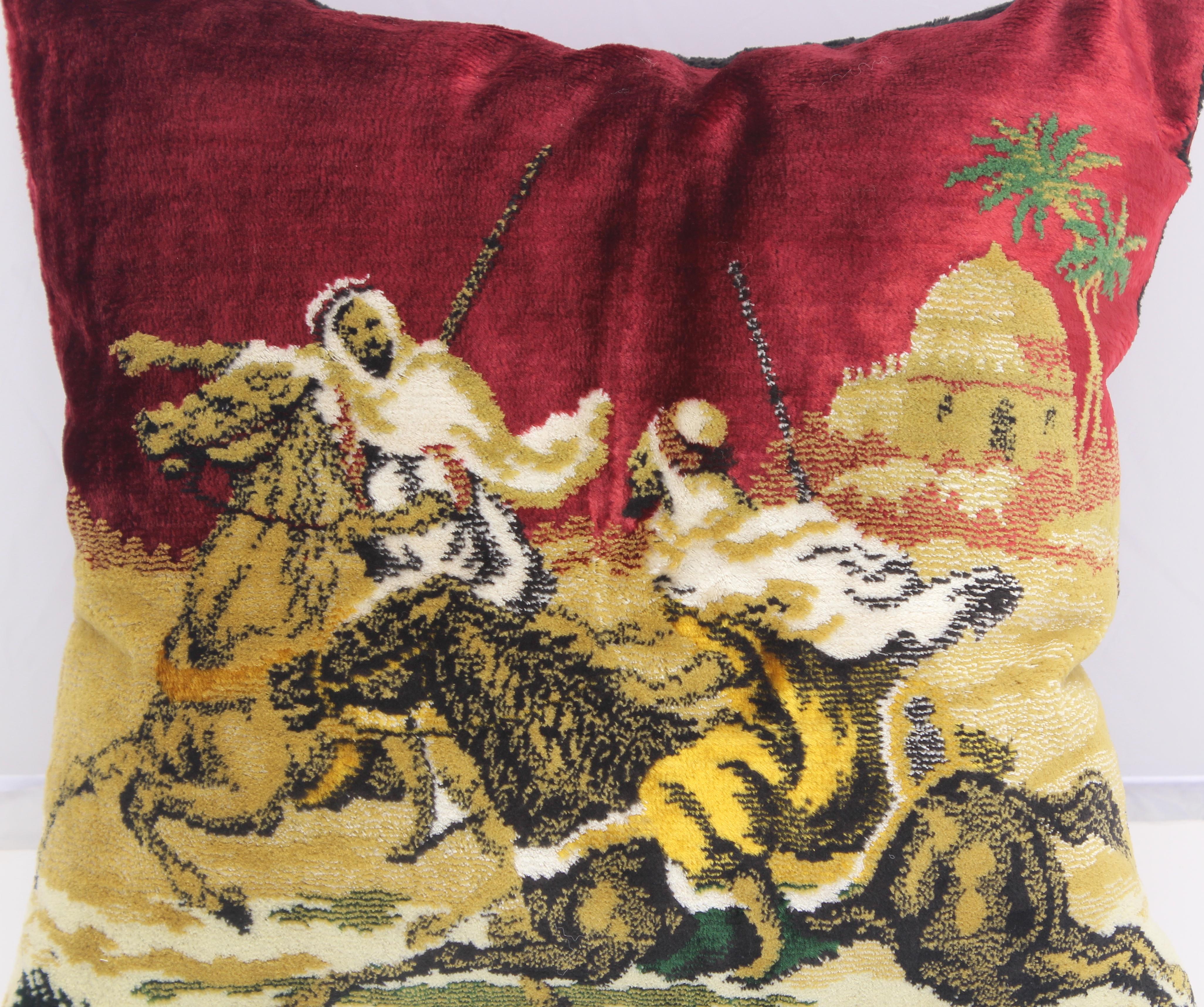 Hand-Crafted Moorish Silk Velvet Pillows with Arabs on Horse, a Pair