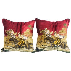 Vintage Moorish Silk Velvet Pillows with Arabs on Horse, a Pair