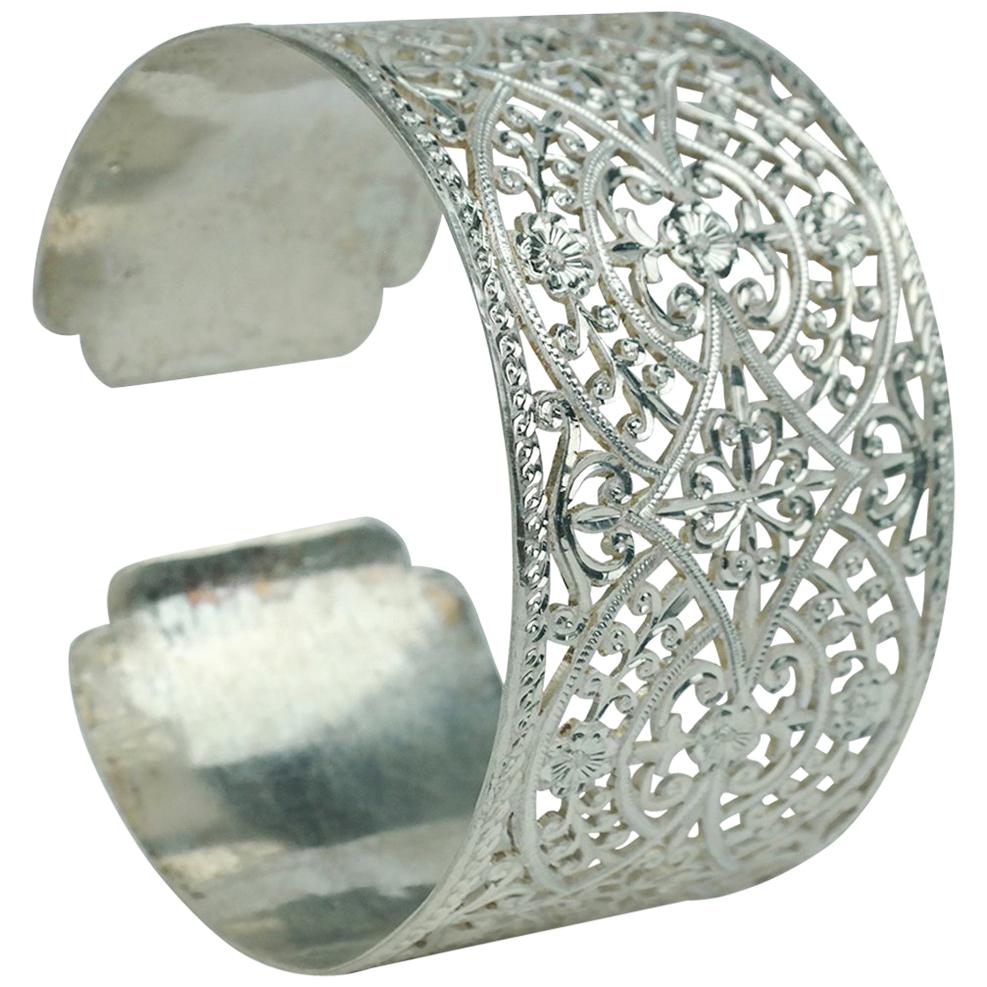 Moroccan Silver Filigree Bracelet Bohemian Jewelry Lace Bangle For Sale