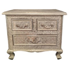 Moroccan Silver Metal Embossed 3 Drawer Chest Nightstand Side Table, French