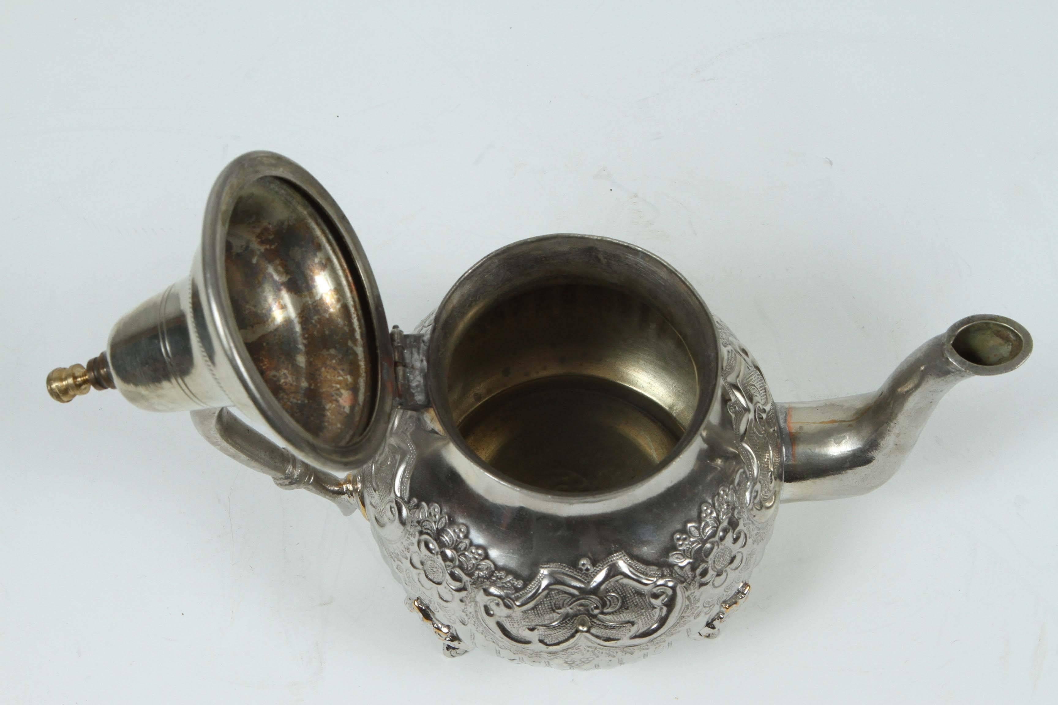 Hammered Moroccan Metal Silver Plated Tea Pot For Sale