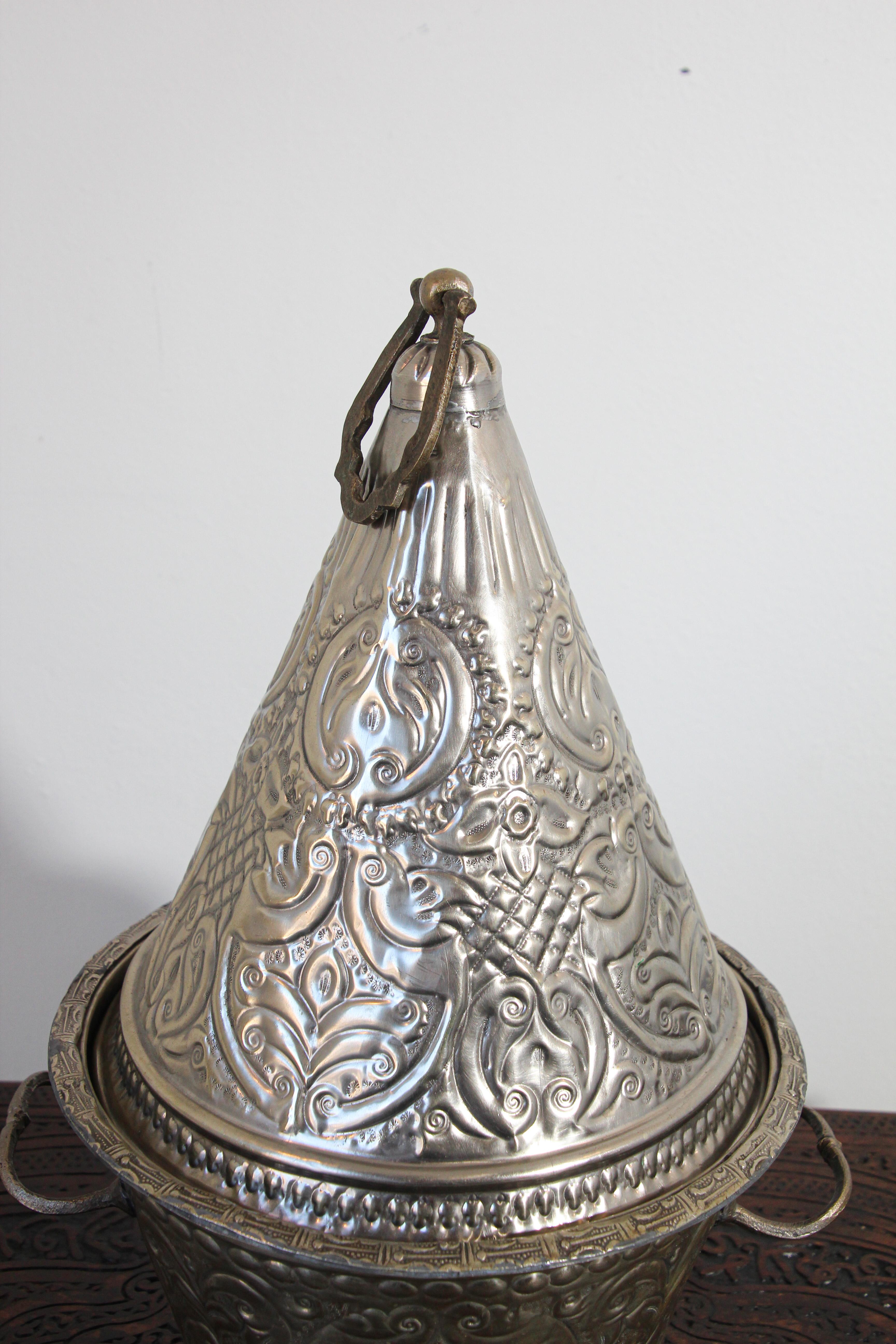 Moroccan Silver Repousse Decorative Dish Tajine with Cover 1