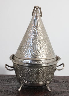 Moroccan Silver Repousse Decorative Dish Tajine with Cover