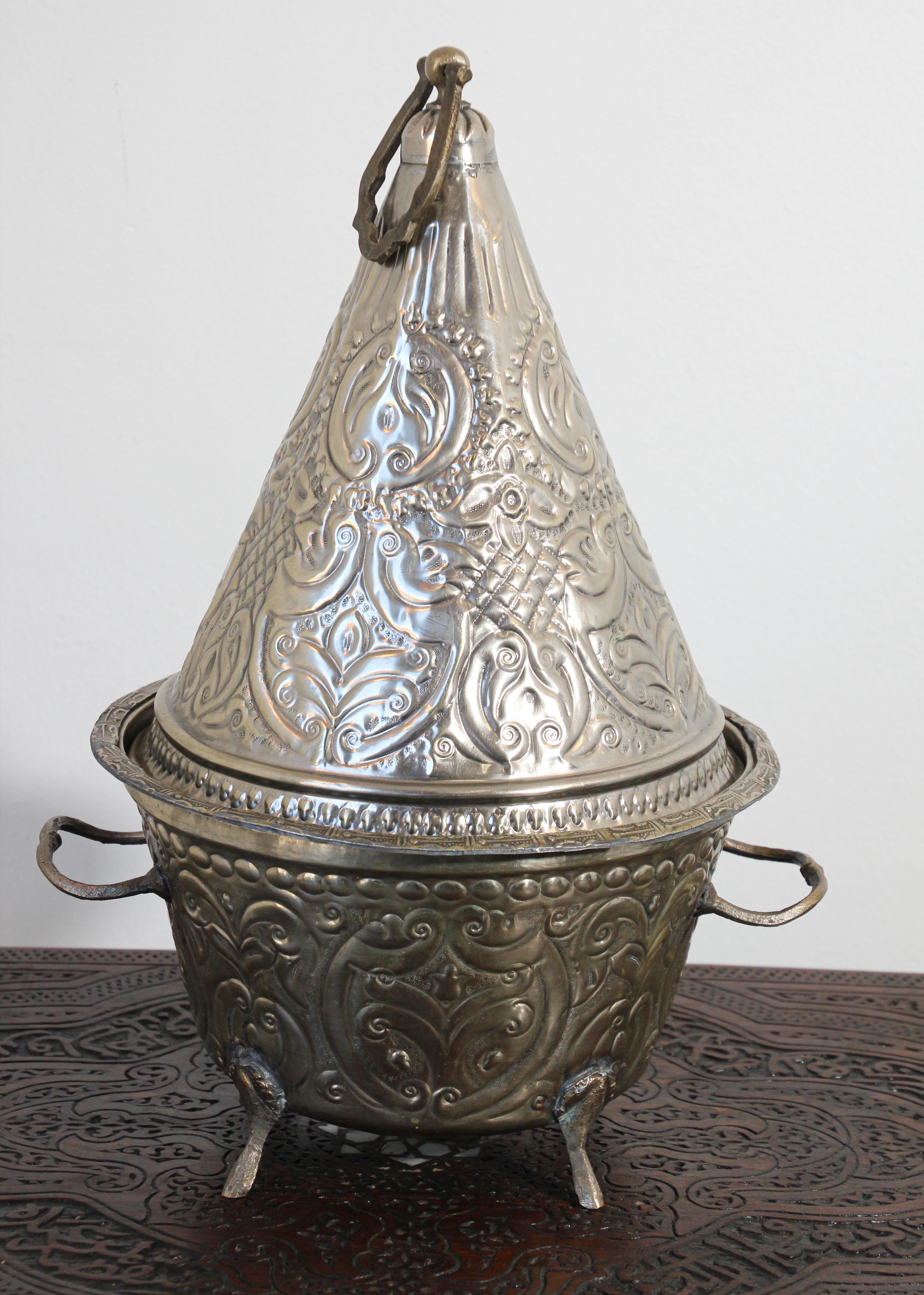 Hand-Carved Moroccan Silver Repousse Decorative Dish Tajine with Cover
