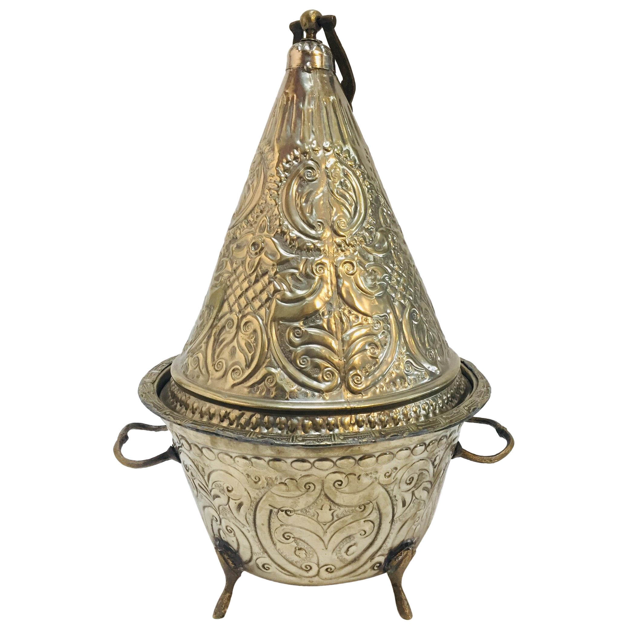 Moroccan Silver Repousse Decorative Dish Tajine with Cover
