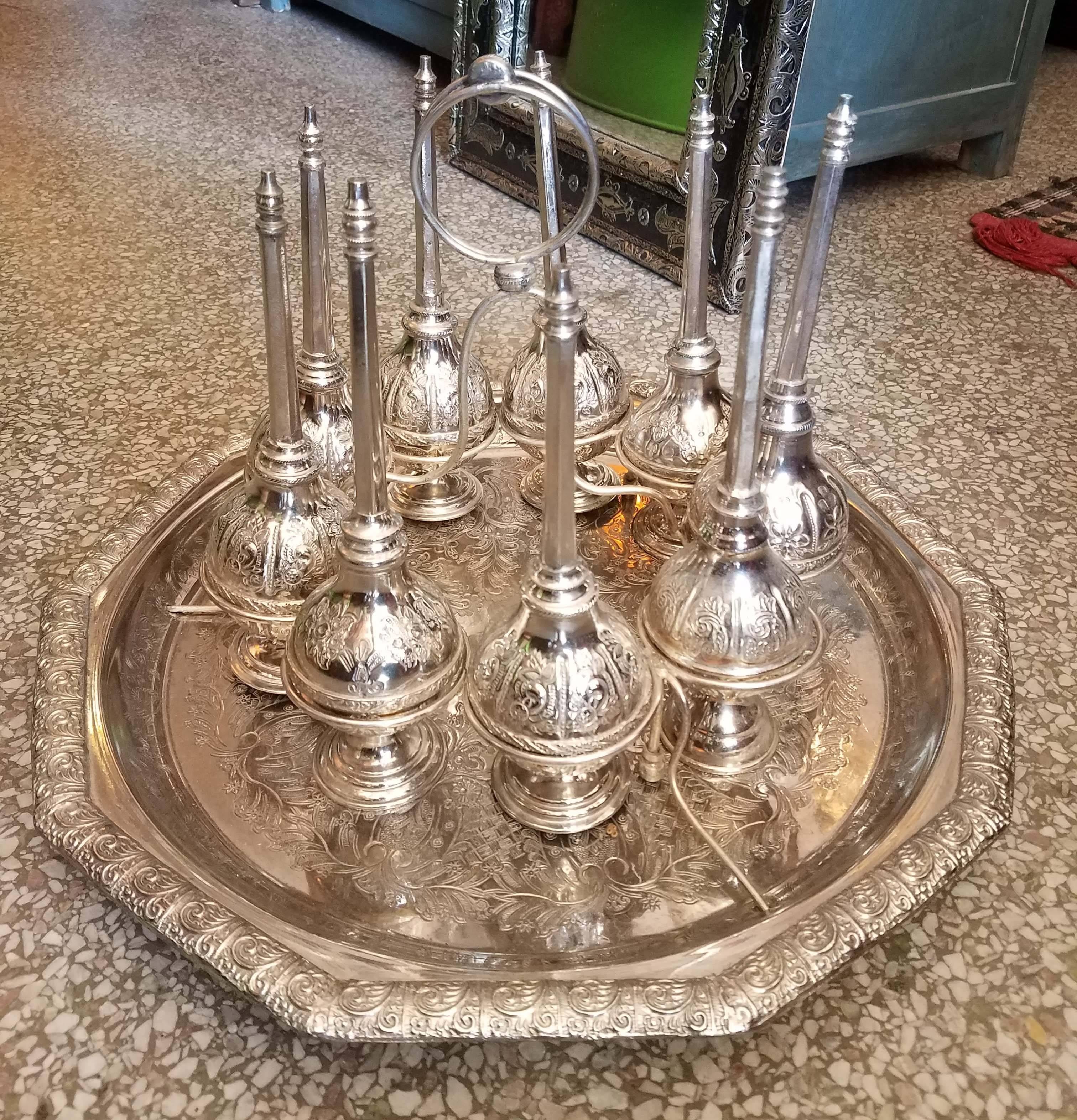 Moroccan Silver Rosewater Bottles, Set of Nine and Tray In Excellent Condition For Sale In Orlando, FL