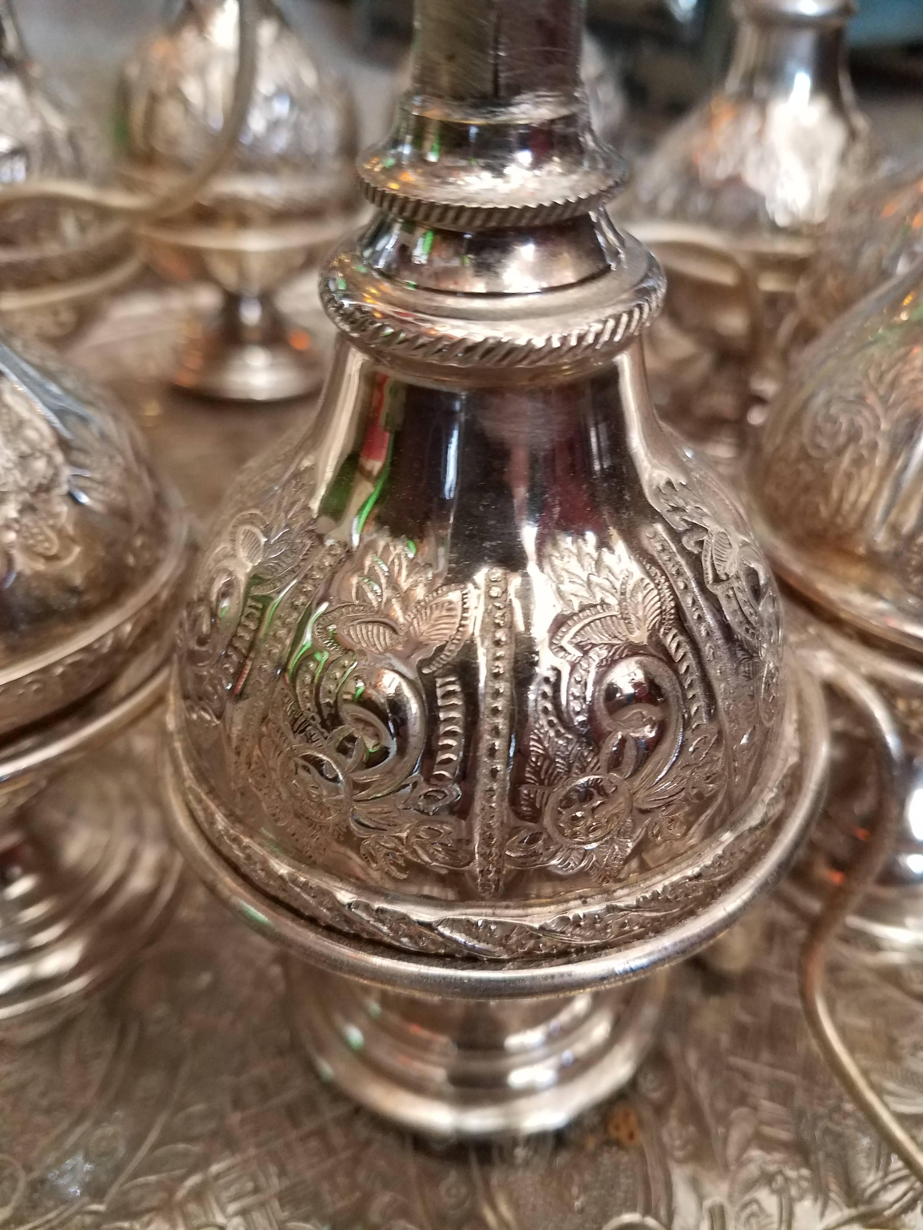 Late 20th Century Moroccan Silver Rosewater Bottles, Set of Nine and Tray For Sale