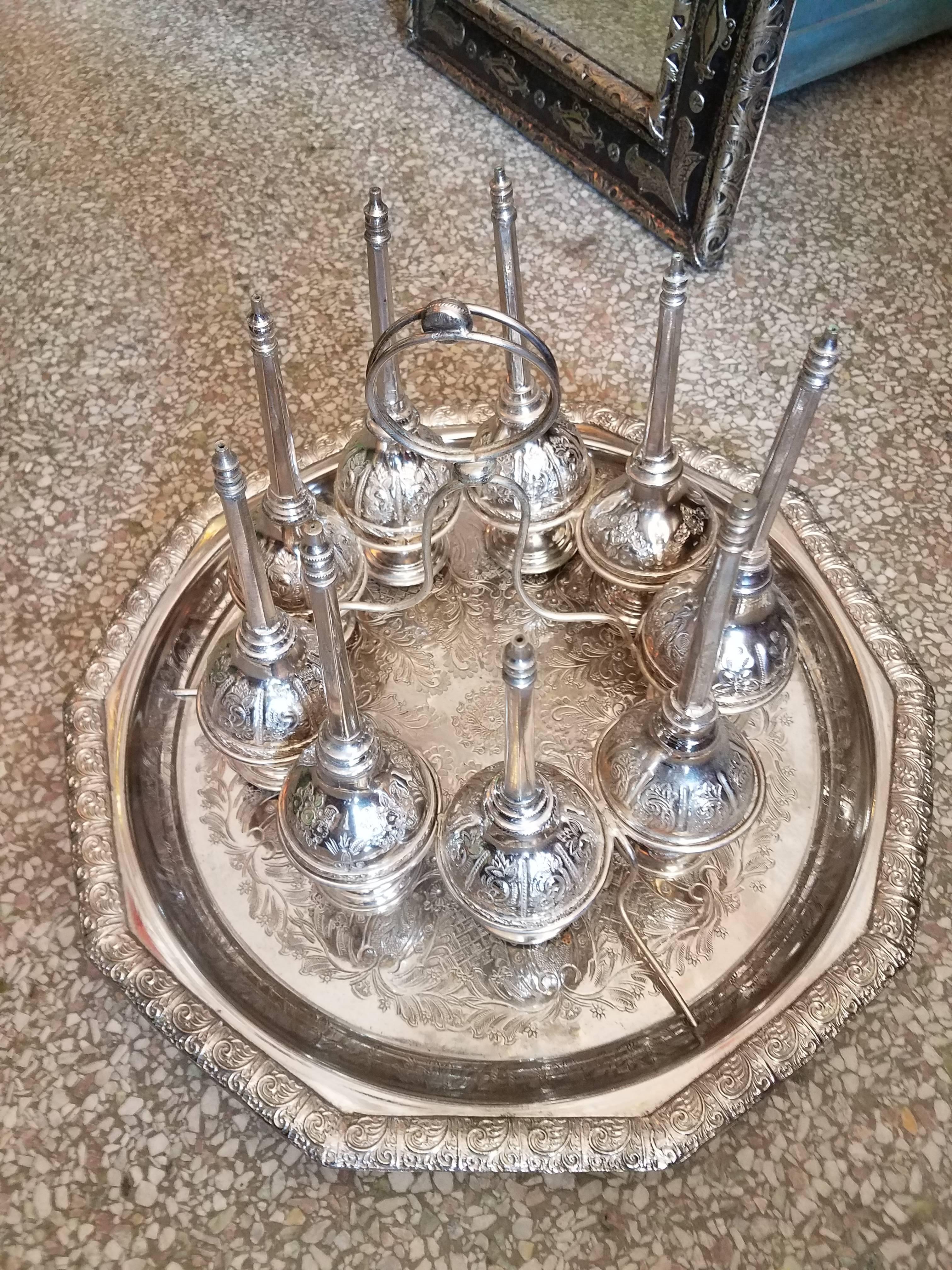 Metal Moroccan Silver Rosewater Bottles, Set of Nine and Tray For Sale