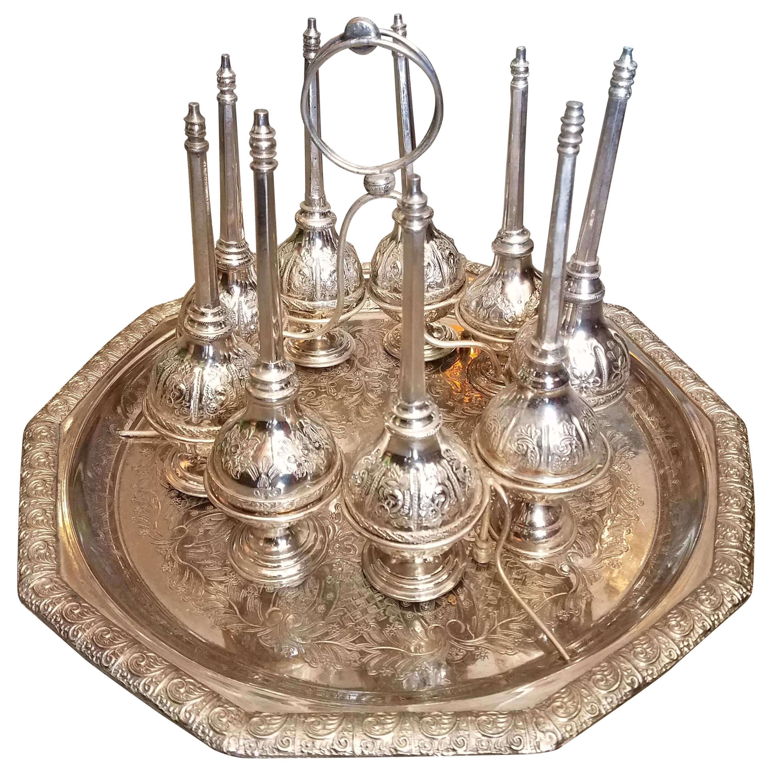 Moroccan Silver Rosewater Bottles, Set of Nine and Tray For Sale