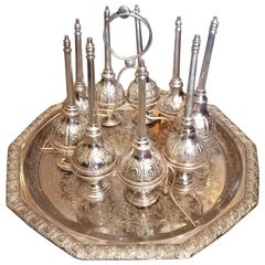 Moroccan Silver Rosewater Bottles, Set of Nine and Tray