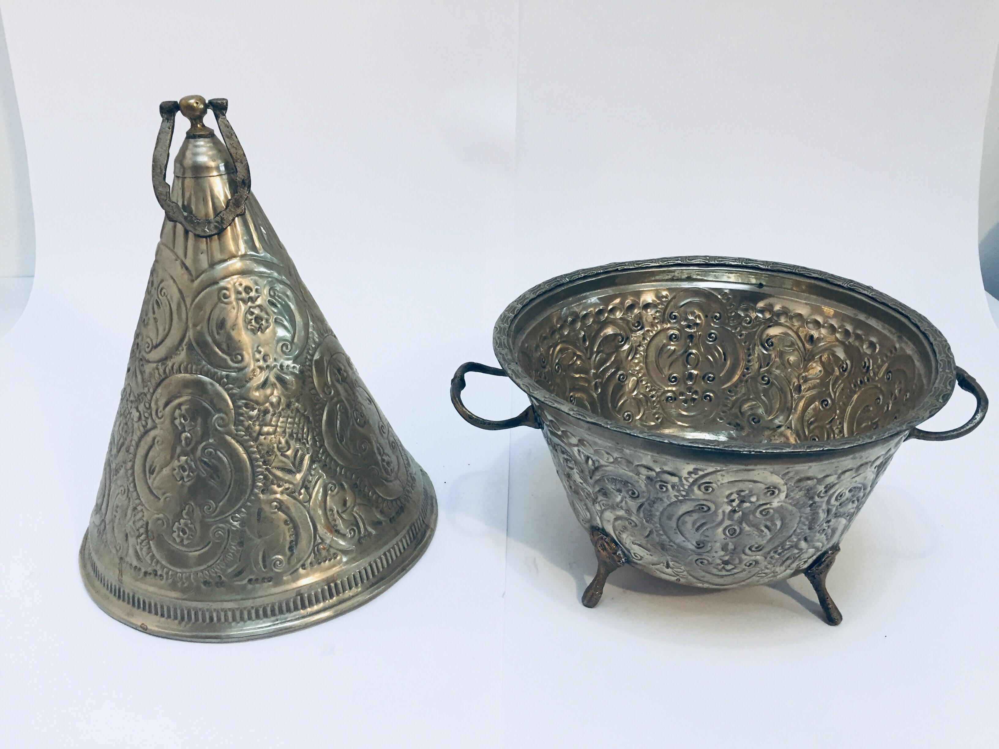 Moroccan Moorish Silver Repousse Serving Dish Tajine with Cover