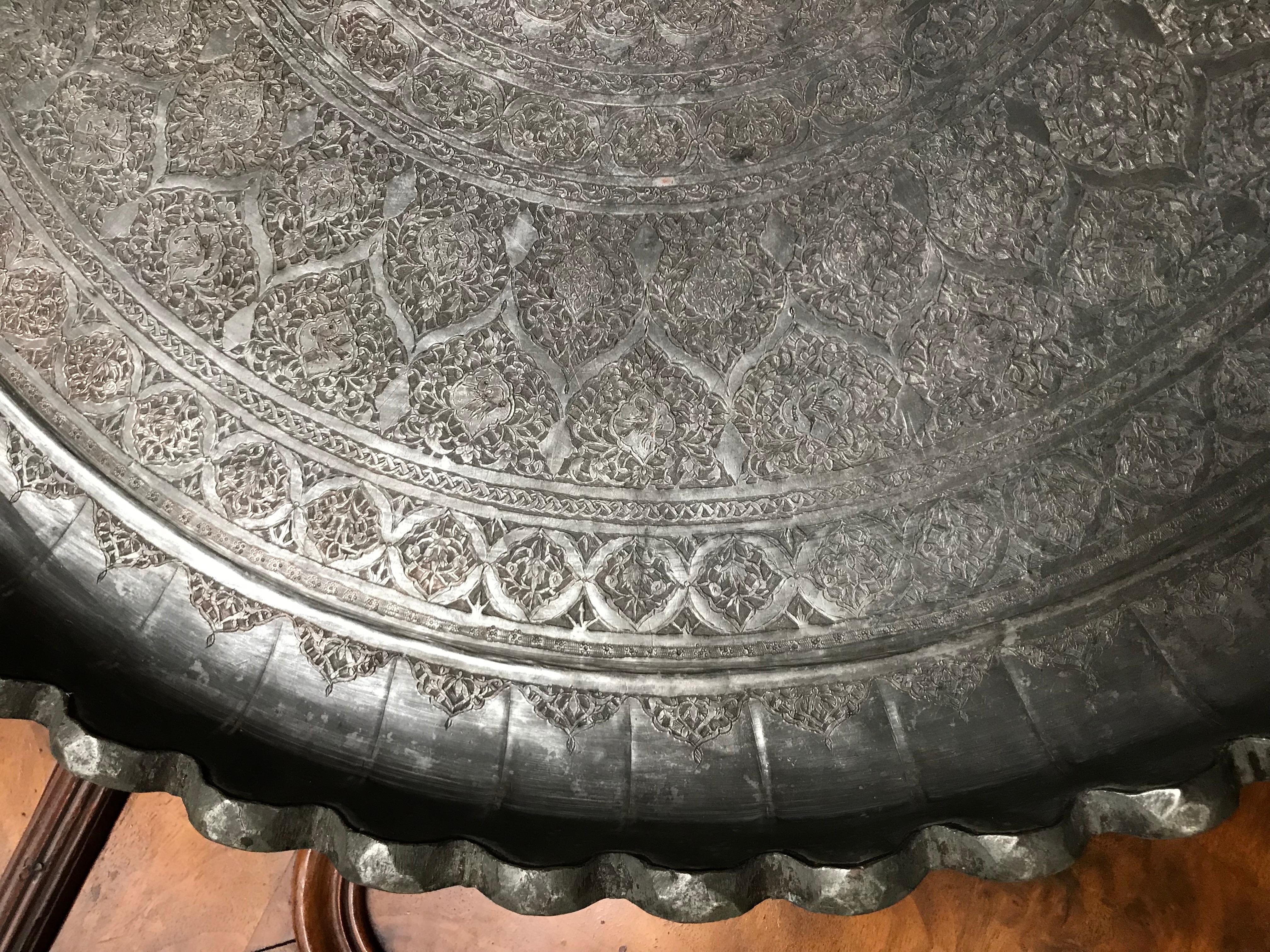 19th Century Moroccan Silvered Copper Charger, Large Scale