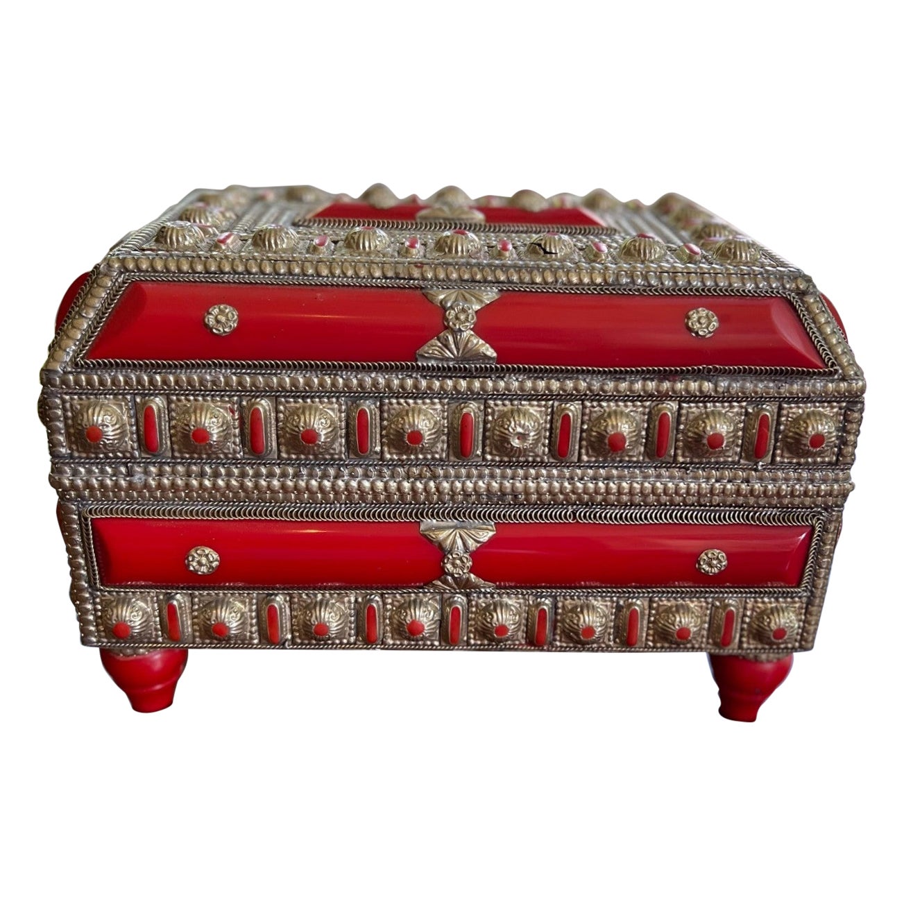 Moroccan Silvered Metal and Red Bakelite Jewelry Casket, Early 20th Century
