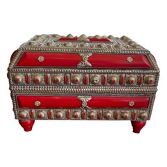 Moroccan Silvered Metal and Red Bakelite Jewelry Casket, Early 20th Century