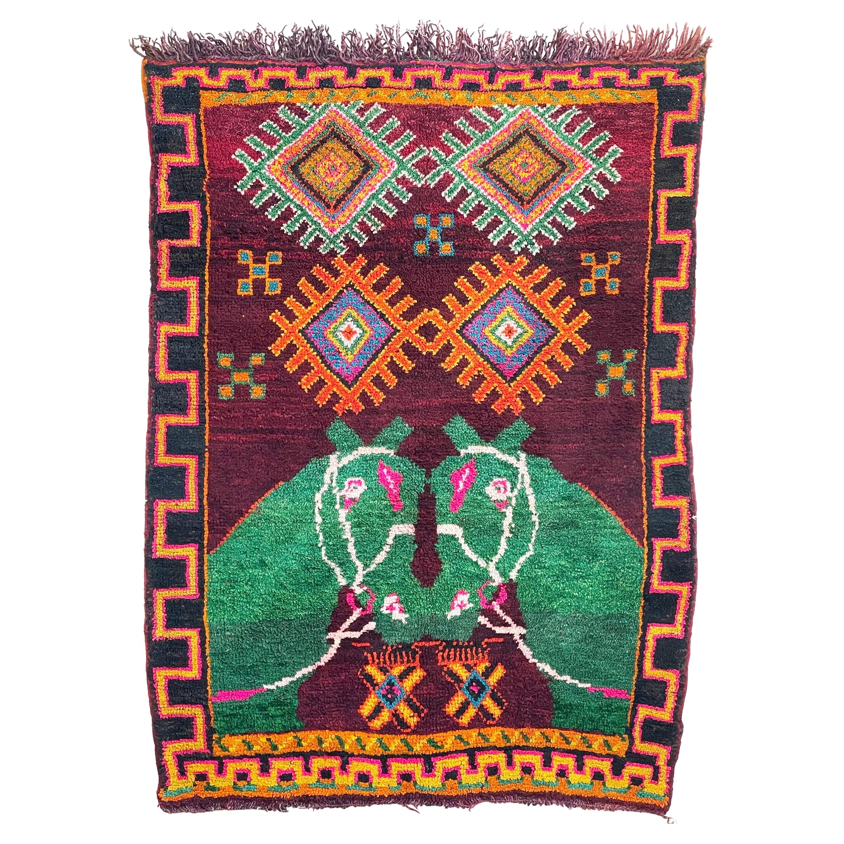 Alfombra marroquí Sister Horse con pelo de lana afelpada, c. 1960-70
