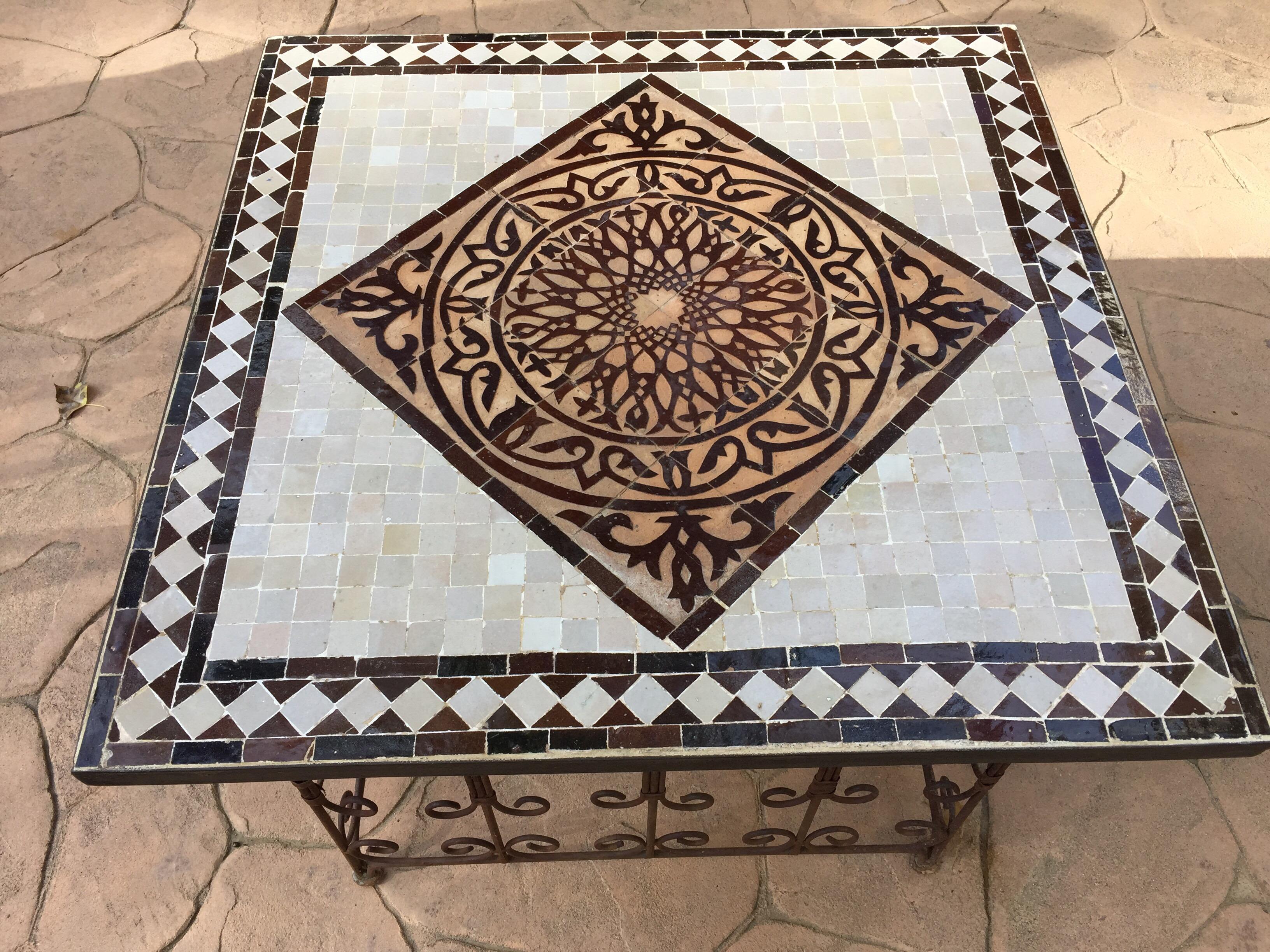 Moroccan Mosaic Tile Side table on Iron Base, Brown and White For Sale 1