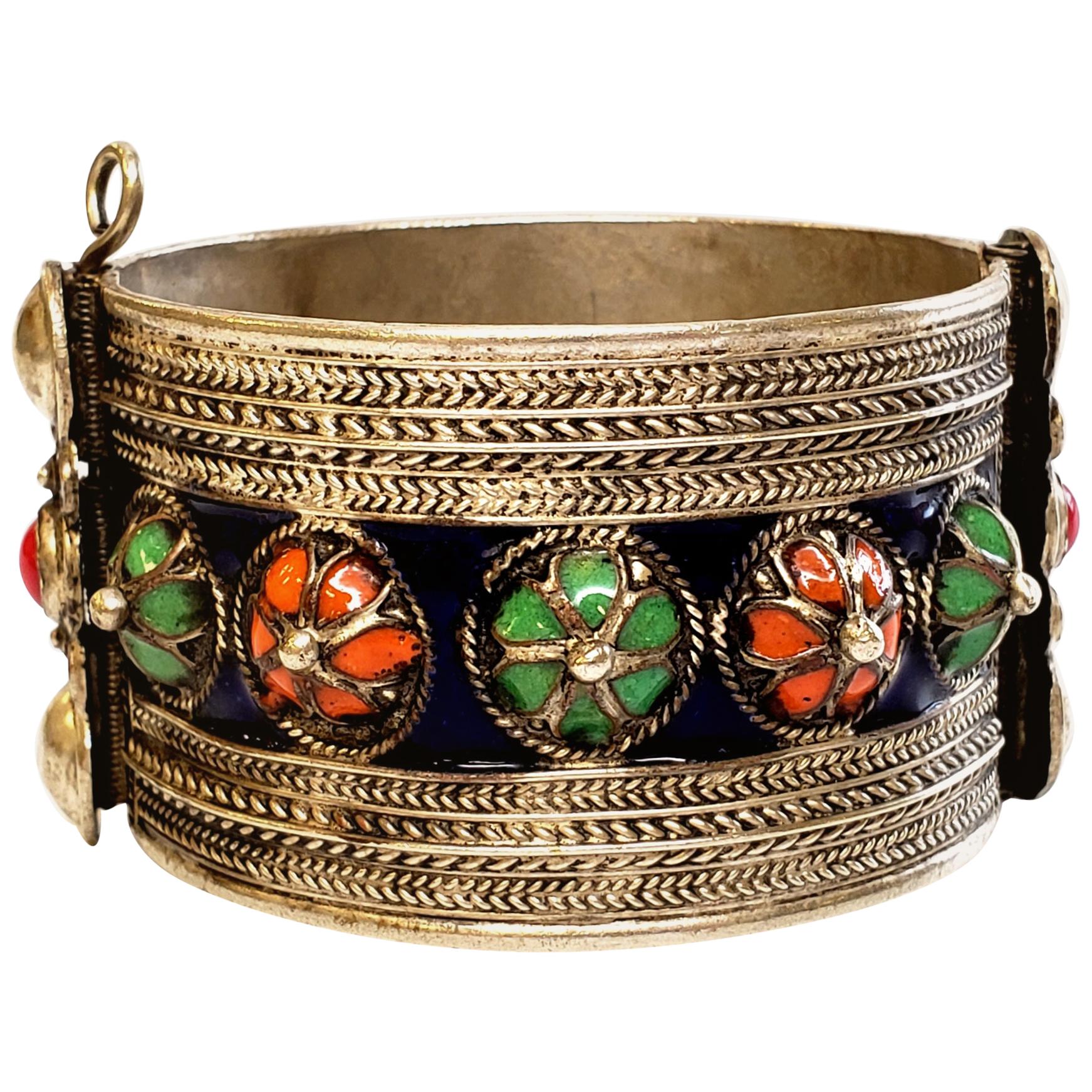 Moroccan Sterling Silver and Enamel Berber Kabyle Hinged Bracelet at ...